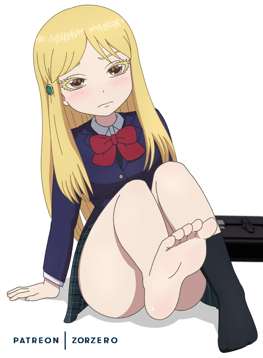 black_stockings blonde_eyebrows blonde_hair blonde_hair feet female_only foot_fetish foot_focus hidaka_koharu nervous school_uniform skirt tagme watermark zorzero