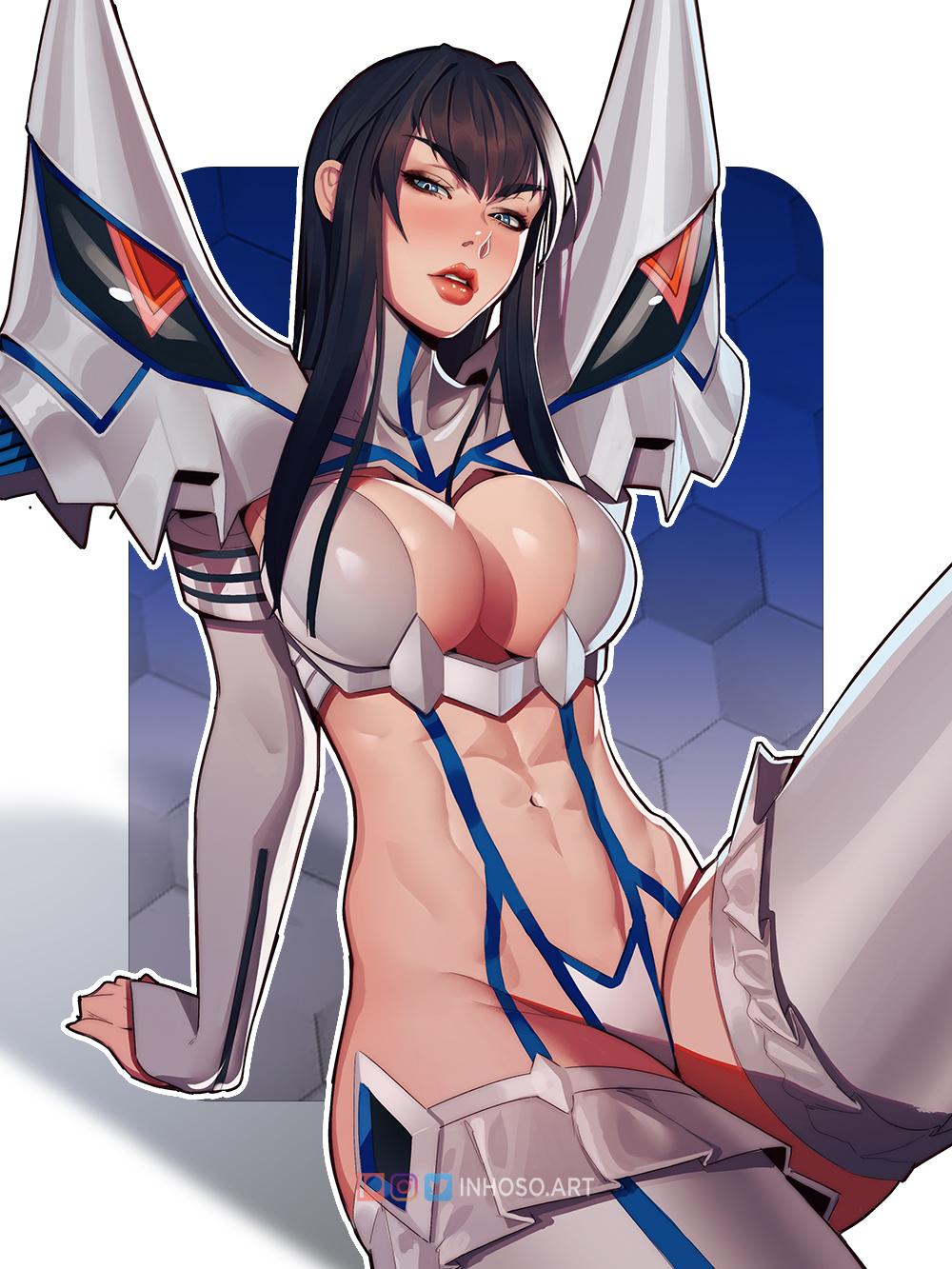 1girls big_breasts blue_eyes breasts cleavage dark_hair female female_only fully_clothed inhoso junketsu kill_la_kill kiryuuin_satsuki large_breasts lips long_hair revealing_clothes skimpy_clothes solo thick_thighs wide_hips