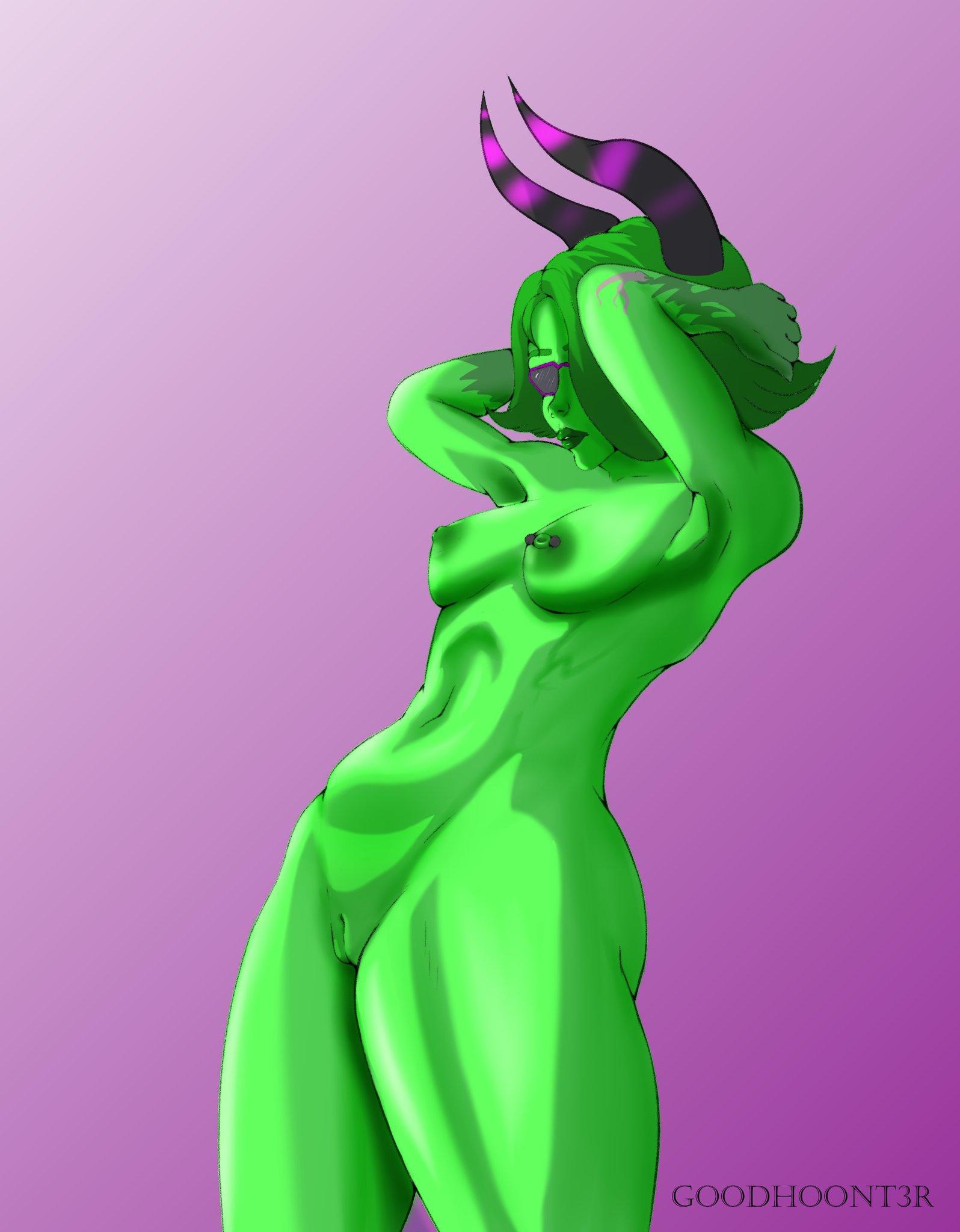 1girls arms_behind_head arms_up eyewear female fortnite green_hair green_skin horns nude nude_female ravina_(fortnite) shaved_pussy solo solo_female sunglasses