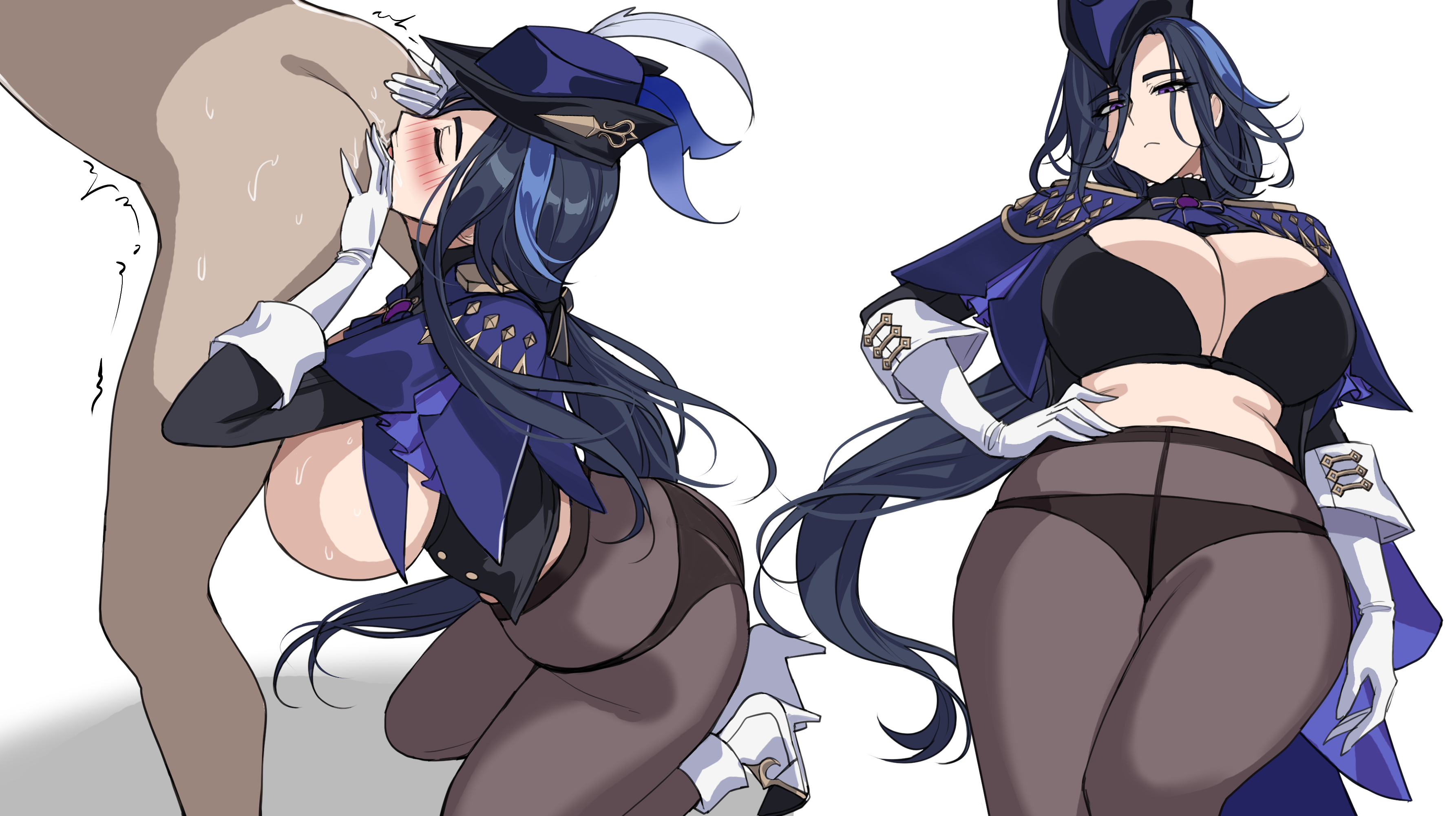 1boy, 1girls, anilingus, anilingus from female, blue hair, breasts, clorinde (genshin impact), drogod (artist), eating ass, female, female rimming, female rimming male, genshin impact, hi res, hips, huge breasts, light skin, light-skinned female, long hair, male, naughty face, purple eyes, rimming, rimming male, thick thighs, thighs, wide hips