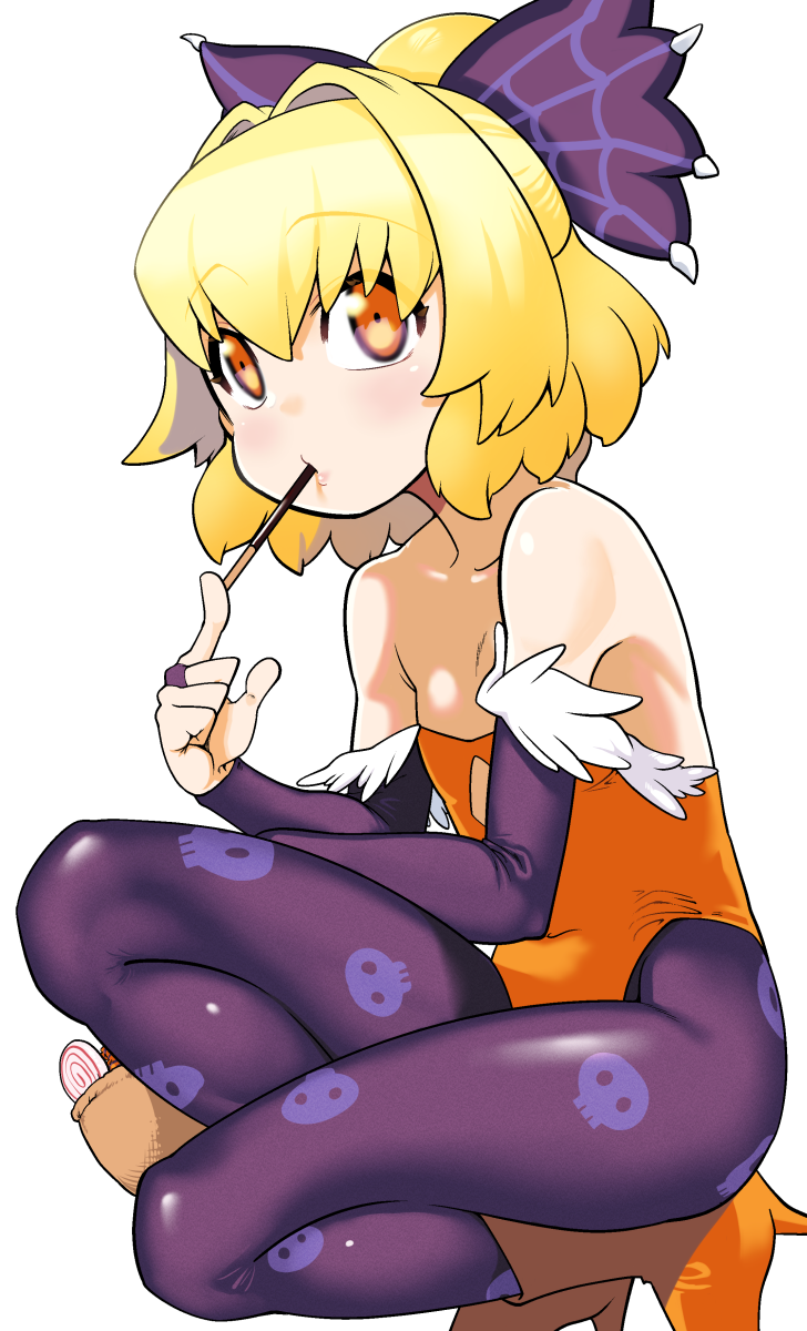 alternate_costume bare_shoulders blonde_hair blush bow candy clothing cosplay darkstalkers female flat_chest food halloween high_heels highres kagehito kurodani_yamame leotard lilith_aensland lilith_aensland_(cosplay) lollipop looking_at_viewer orange_eyes orange_leotard pantyhose pocky ponytail purple_pantyhose short_hair simple_background skull_print small_breasts solo squatting touhou white_background yamame_kurodani young