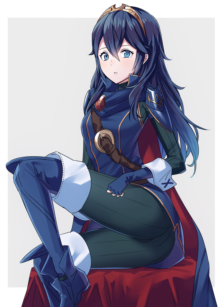 1girls ameno_(a_meno0) ass big_ass black_bodysuit blue_cape blue_eyes blue_footwear blue_gloves blue_hair bodysuit boots cape family female female_only fingerless_gloves fire_emblem fire_emblem_awakening gloves knee_up leg_lift long_hair looking_at_viewer lucina_(fire_emblem) multicolored_cape multicolored_clothes nintendo one_leg_raised parted_lips red_cape ribbed_bodysuit sitting small_breasts solo symbol-shaped_pupils teeth thigh_boots thighs tiara