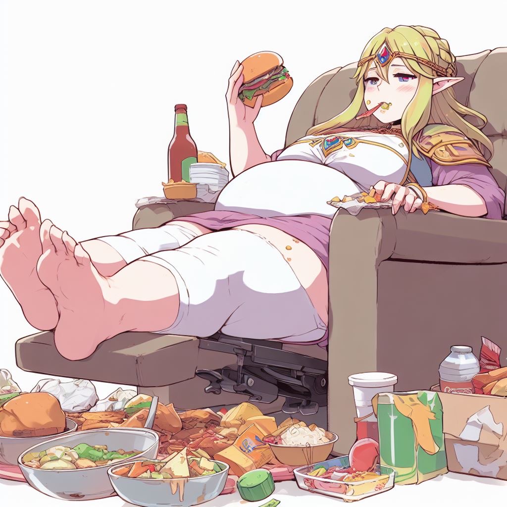 ai_generated barefoot bbw belly_overhang big_belly big_breasts big_female blush chubby chubby_female embarrassed fat fat_ass fat_female fat_fetish fat_girl fat_woman fatty feet food hamburger large_female lazy obese obese_female overweight overweight_female plump pork_chop princess_zelda slob soles the_legend_of_zelda thick_thighs tubby weight_gain