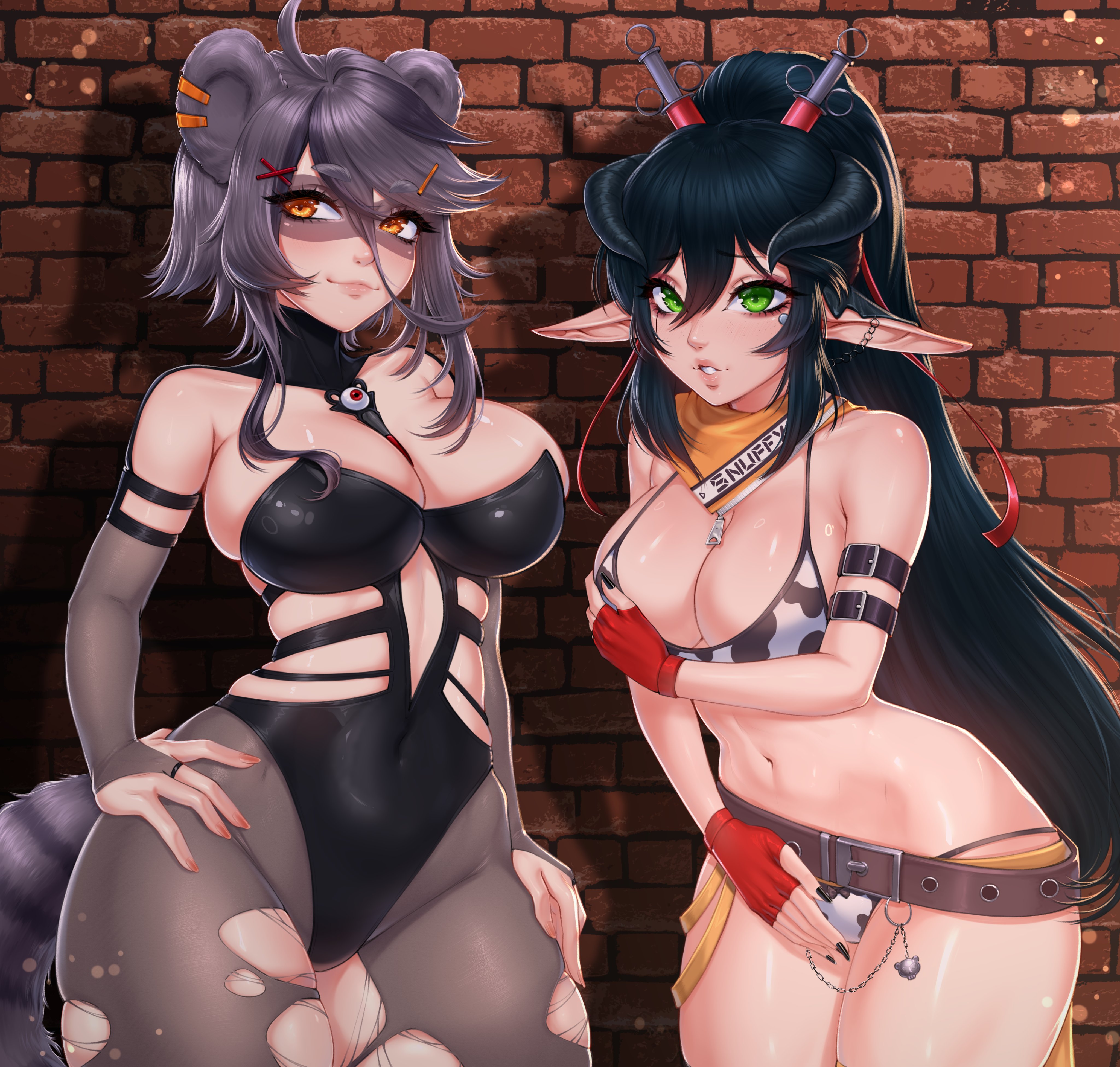 breasts, cleavage, dark hair, female, female focus, female only, green eyes, indie virtual youtuber, layna lazar, leotard, multiple females, multiple girls, outfit swap, pantyhose, pointy ears, raccoon girl, snuffy, squish, syringe, thick, thick thighs, thighs, torn pantyhose, virtual youtuber, weeping cat, wide hips, yellow eyes