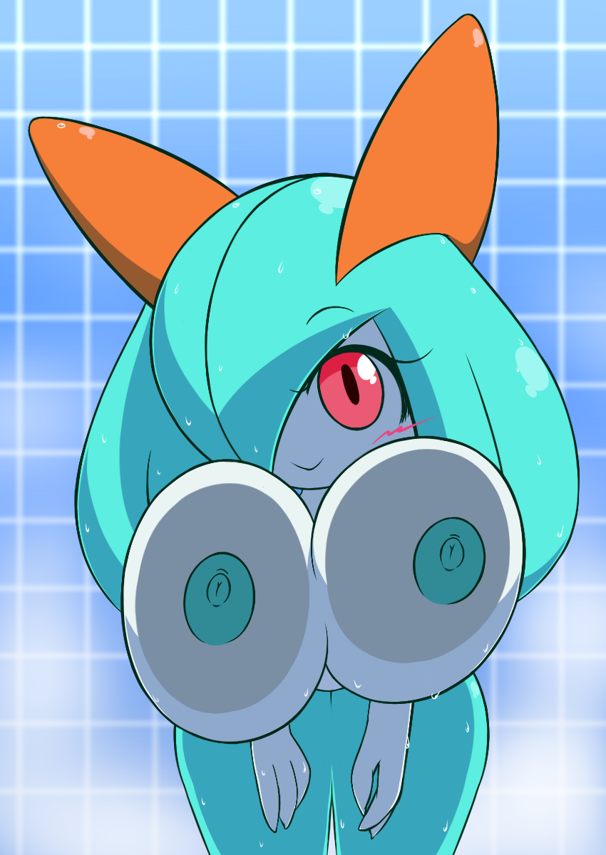 1girls against_fourth_wall anthro big_breasts breast_press completely_nude hair_over_one_eye huge_breasts k--10 kirlia large_breasts looking_at_viewer nintendo nude pokémon_(species) pokemon pokemon_(species) red_eyes rui_(sugaru) shiny_pokemon shortstack shower smile solo solo_female solo_focus wet