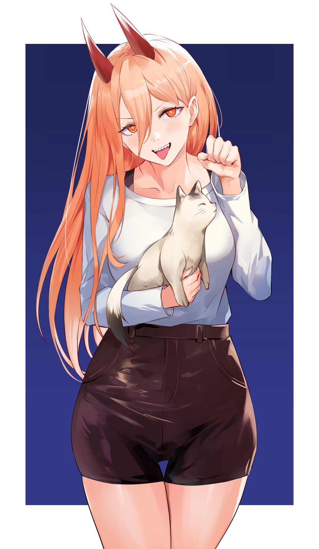 1girls 2020 chainsaw_man demon demon_girl feline female female_focus female_only fully_clothed grabbing hand_gesture horns long_hair meowy_(chainsaw_man) nr_noir pose power_(chainsaw_man) sharp_teeth shirt_tucked_in shorts standing tagme_(artist) tank_top thighs tongue_out