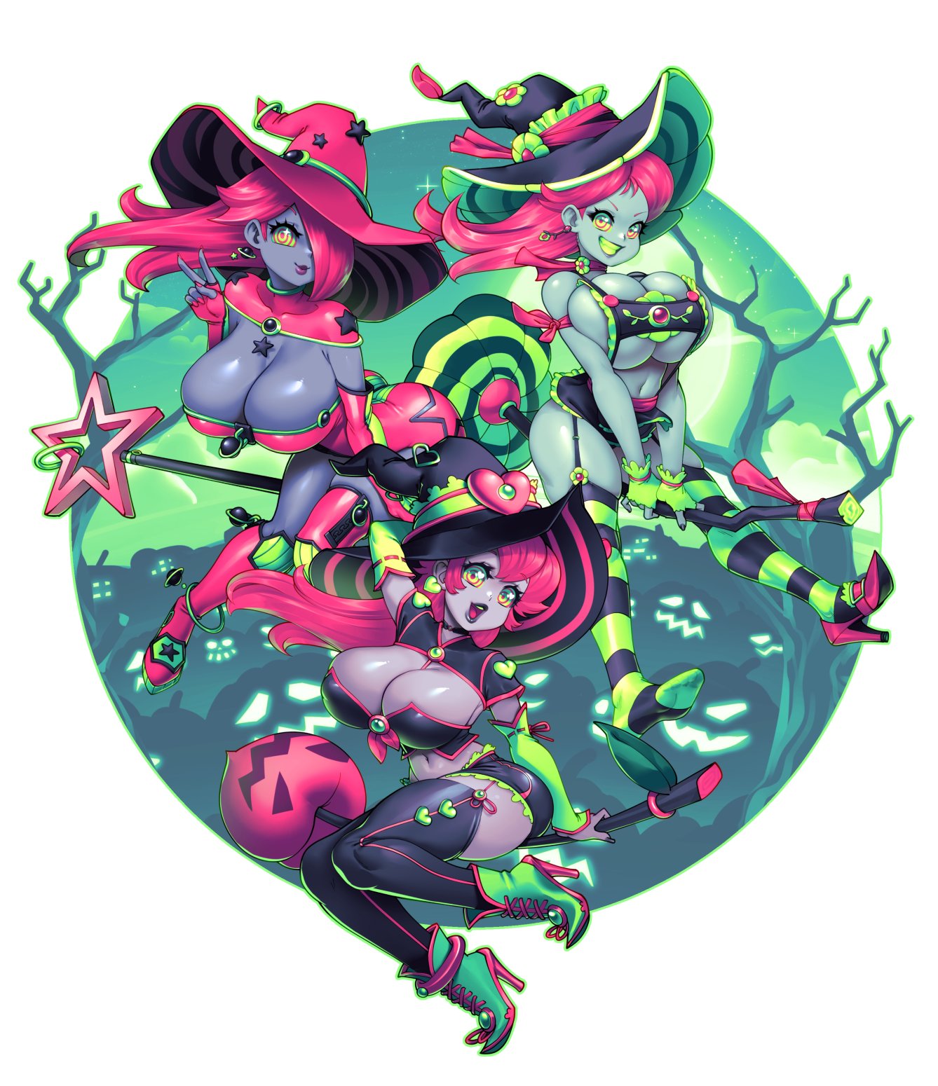 3girls, alternate breast size, ass, barely clothed, big ass, big breasts, blonde hair, blue eyes, boob window, breasts, clothed, female, female only, halloween, huge breasts, mario (series), multiple females, multiple girls, nintendo, nipples visible through clothing, no bra, princess daisy, princess peach, princess rosalina, sideass, sideboob, solo, super mario galaxy, supersatanson, underass, underboob, witch, witch hat
