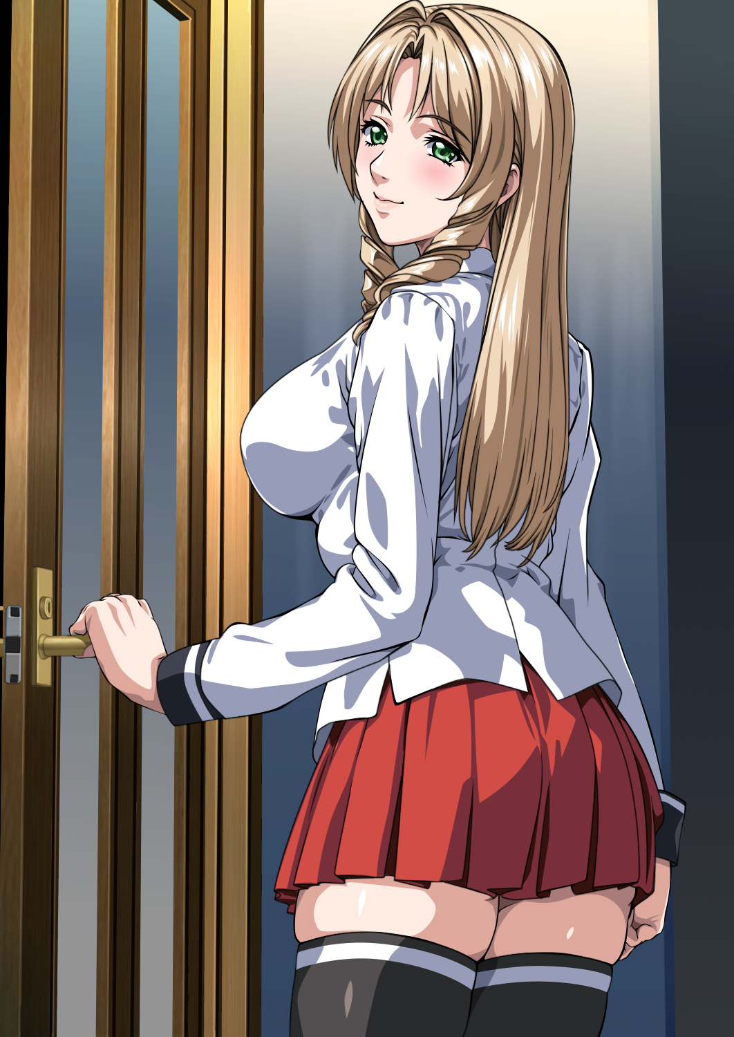 1girls accurate_art_style ass bible_black big_breasts blush colored comic door drill_hair drill_locks female female_only from_behind green_eyes hanadaka_moai high_resolution high_school_student holding_object invitation inviting inviting_to_sex long_hair looking_at_viewer looking_back looking_back_at_viewer offering offering_to_another open_door school_uniform schoolgirl shiraki_rika shirt shy sideboob skirt smile solo solo_focus standing stockings story