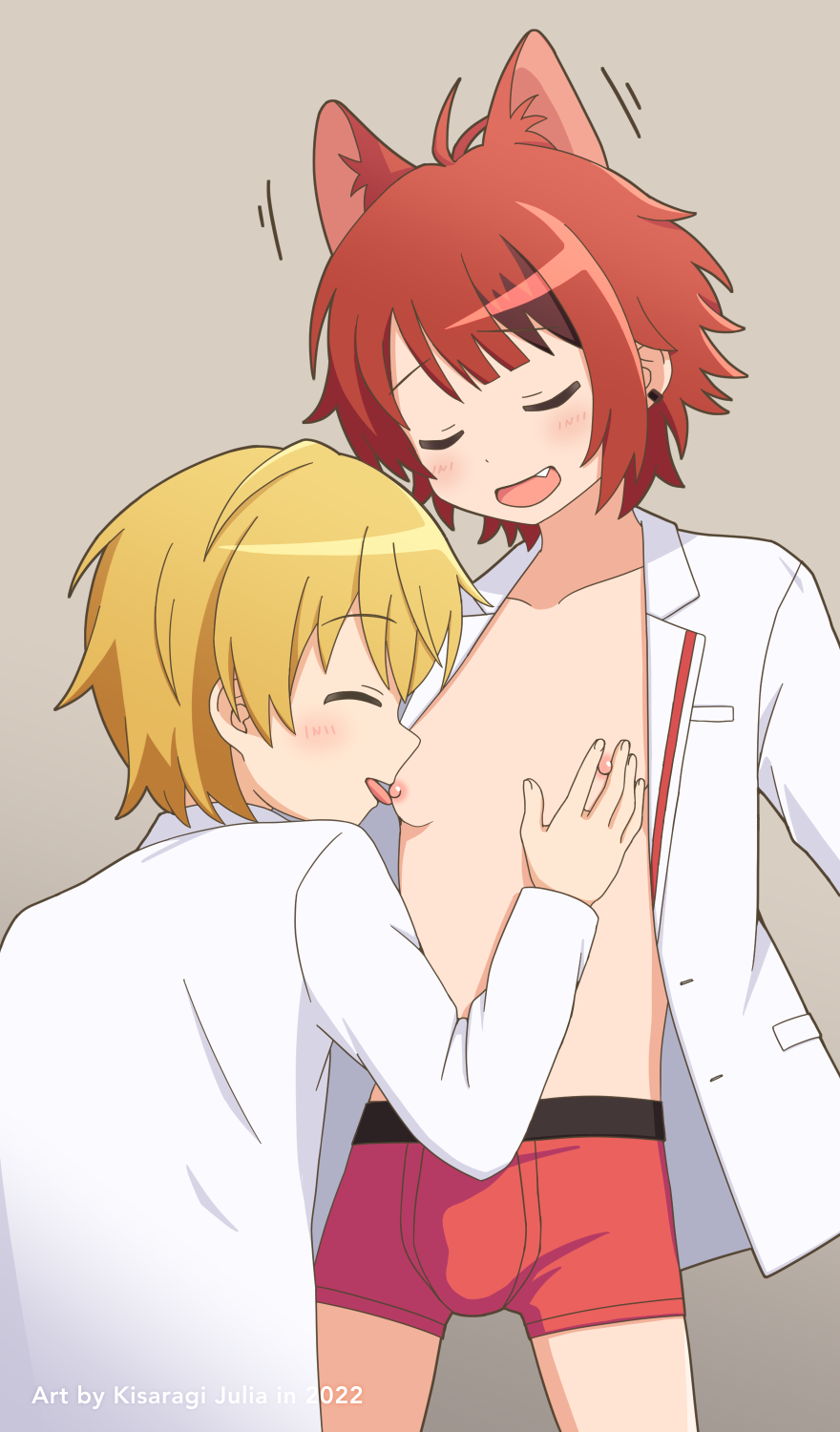 2boys animal_ears blonde_hair closed_eyes dog_ears gay highres kisaragi_julia licking licking_nipple long_sleeves male/male male_focus male_only male_underwear multiple_boys nipples oerba_yun_fang open_clothes open_mouth open_shirt red_hair red_male_underwear rinu_(stpri) root_(stpri) shirt short_hair strawberry_prince sutopuri underwear utaite white_shirt yaoi