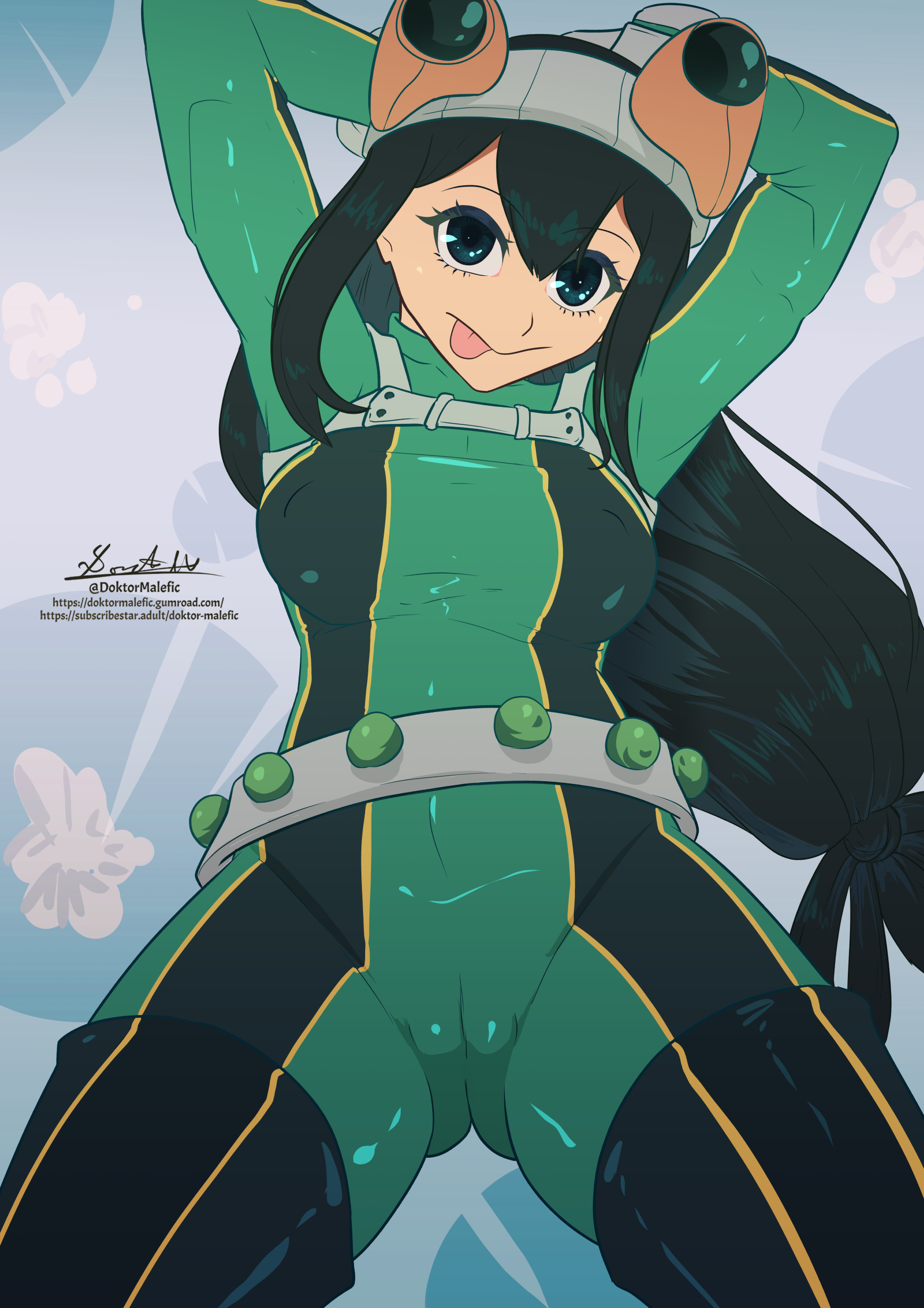 1girls, ass visible through thighs, background, big breasts, black eyes, black hair, boku no hero academia, breasts, color, colored, commission, doktor malefic, female, green hair, green-haired female, hero outfit (mha), long hair, looking at viewer, my hero academia, standing, thick thighs, thighs, tied hair, tight clothing, tongue, tongue out, tsuyu asui