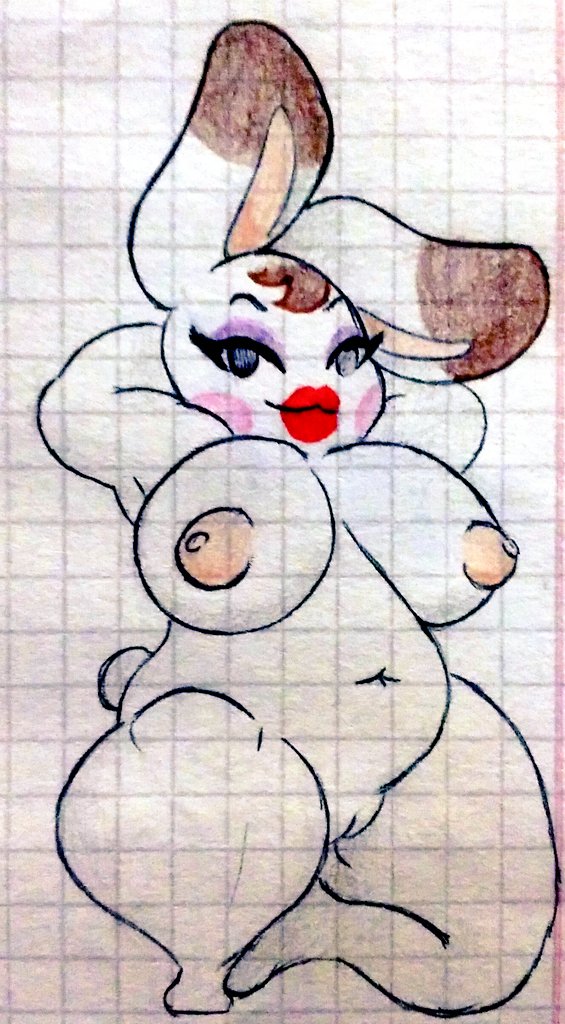 animal_crossing animal_ears arms_behind_head breasts eyeshadow female furry furry_female large_breasts lipstick makeup navel nipples nude pussy rabbit_ears rabbit_girl rabbit_tail slimey_art smile solo tail tiffany_(animal_crossing) traditional_media