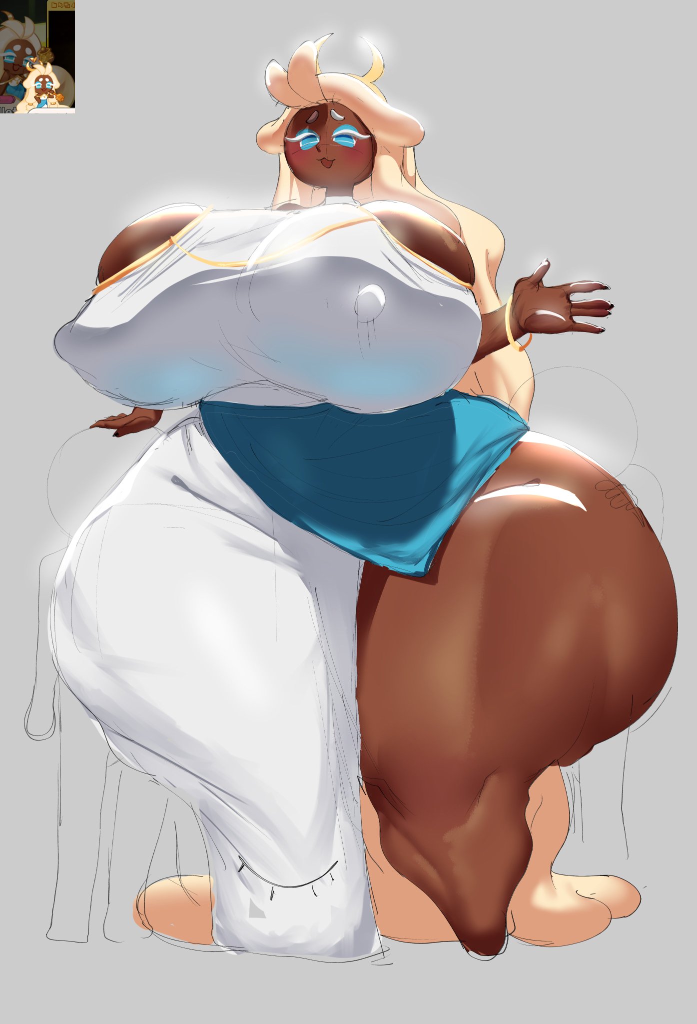 1girls, absurdly long hair, absurdly long-haired female, blonde hair, blue eyes, blush, breasts, clothed, clothed female, cookie run, cookie run kingdom, dark skin, dark-skinned female, dress, female, female focus, gigantic breasts, hyper thighs, low-angle view, motylek, mozzarella cookie, nipple bulge, solo focus, wide hips, yellow-haired female