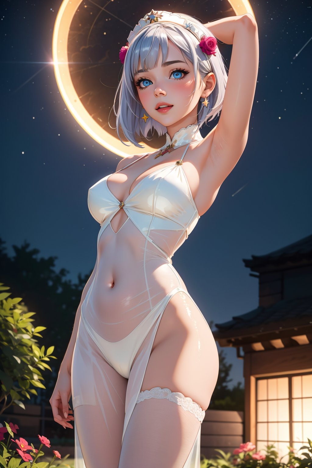 1girls, ai generated, blue eyes, breasts, dress, earrings, female, genshin impact, headdress, kirill782, looking at viewer, maid, maid headdress, navel, noelle (genshin impact), one arm up, panties, short hair, sideboob, silver hair, solo, stable diffusion
