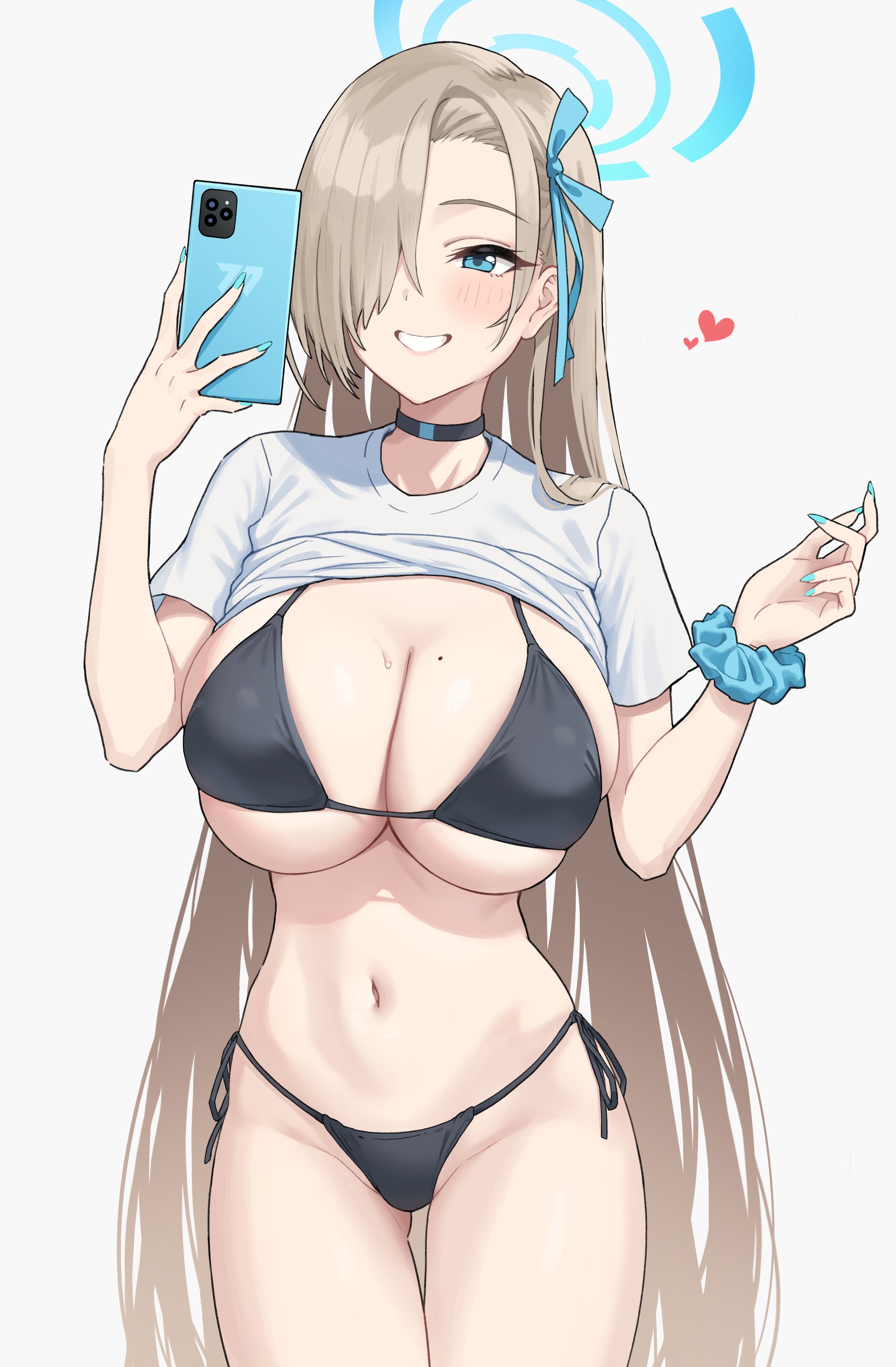 asuna (blue archive), beauty mark on breasts, bikini, blue archive, breasts, cellphone, cleaning & clearing (blue archive), collar, cowboy shot, female, heart, huge breasts, millennium science school student, skindentation, sweatdrop, taking selfie, teisho9, upshirt, white shirt