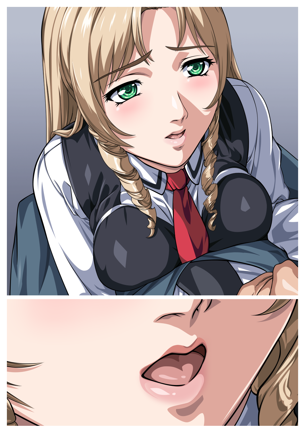 1boy 1girls accurate_art_style adult_and_teenager age_difference bible_black big_breasts blonde_hair breast_fondling breast_press breasts colored comic drill_hair drill_locks embarrassed female green_eyes hanadaka_moai high_resolution high_school_student horny horny_female imminent_kiss long_hair male necktie older_male school_uniform schoolgirl shiraki_rika shirt shy story vest younger_female