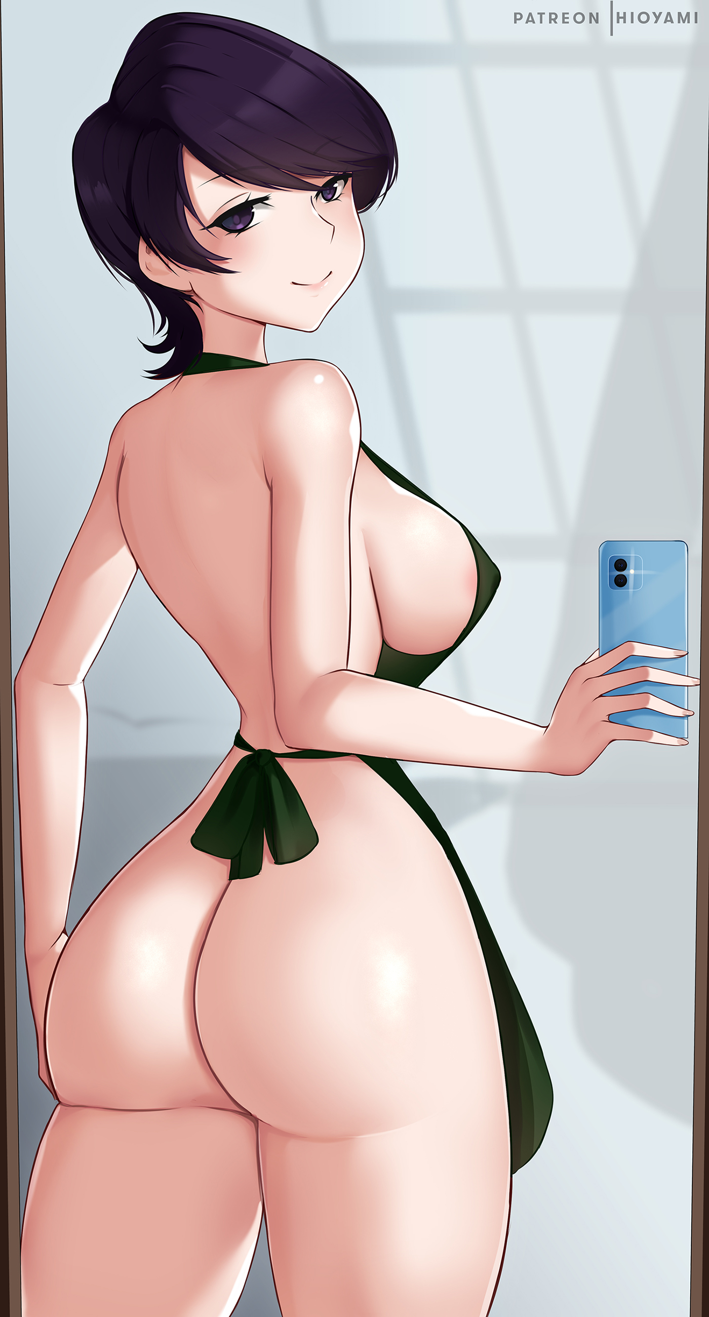 1girls, 2021, apron, apron only, ass, black hair, breasts, female, female focus, female only, hi res, hioyami, hips, komi shuuko, komi-san wa komyushou desu, large ass, large breasts, light skin, light-skinned female, looking at viewer, looking back, looking over shoulder, mature female, milf, mother, naked apron, pale skin, pale-skinned female, selfie, short hair, sideboob, slim waist, thick thighs, thighs, very short hair, wide hips