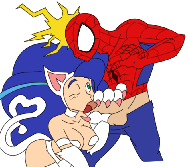 1boy 1boy1girl 1girls blue_hair blue_hair_female capcom clothing crossover darkstalkers eastern_and_western_character felicia_(darkstalkers) fellatio female human interspecies male marvel marvel_comics marvel_vs._capcom medium_breasts oral_sex pale_skin peter_parker praiz spider-man spider-man_(series) spider_sense straight straight_hair tagme white_background