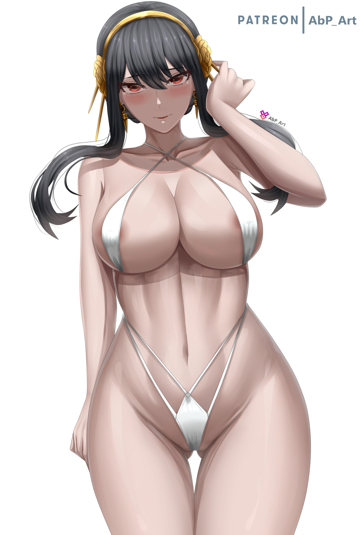 1girls, 2022, abp art, assassin, bikini, black hair, breasts, female, female human, female only, gold hairband, hairband, hips, huge breasts, human, light skin, light-skinned female, long hair, mature female, red eyes, slim waist, sling bikini, spy x family, thick thighs, thigh gap, thighs, thorn princess, white bikini, wide hips, yor briar, yor forger