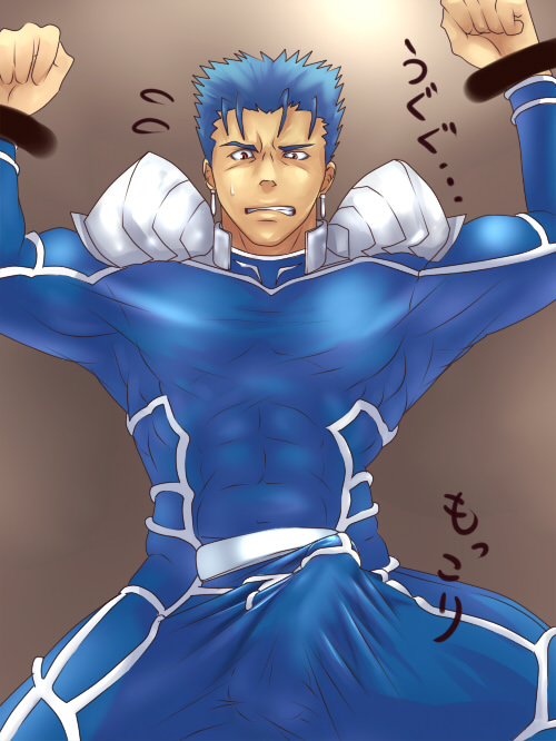 blue_hair cu_chulainn_(fate) erection fate/stay_night fate_(series) male_only muscle red_eyes yaoi