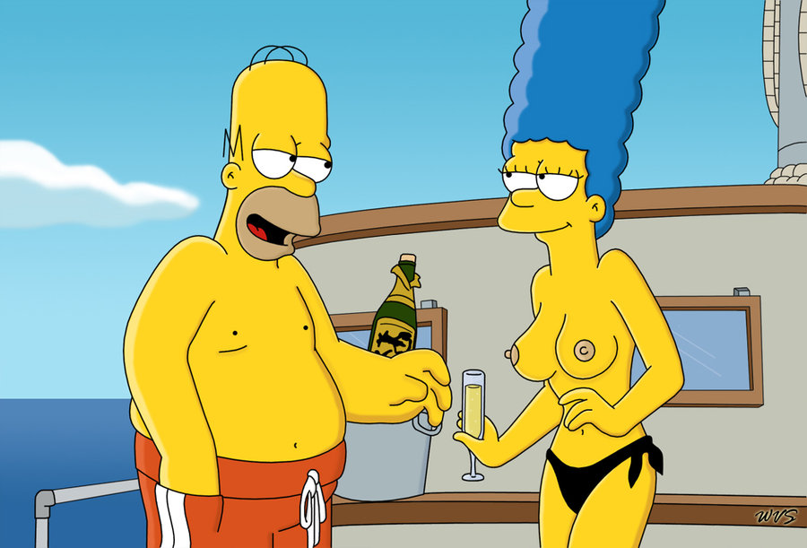 blue_hair breasts clothes color day female hair homer_simpson human male marge_simpson nipples outdoors smile tagme the_simpsons topless wvs yellow_skin