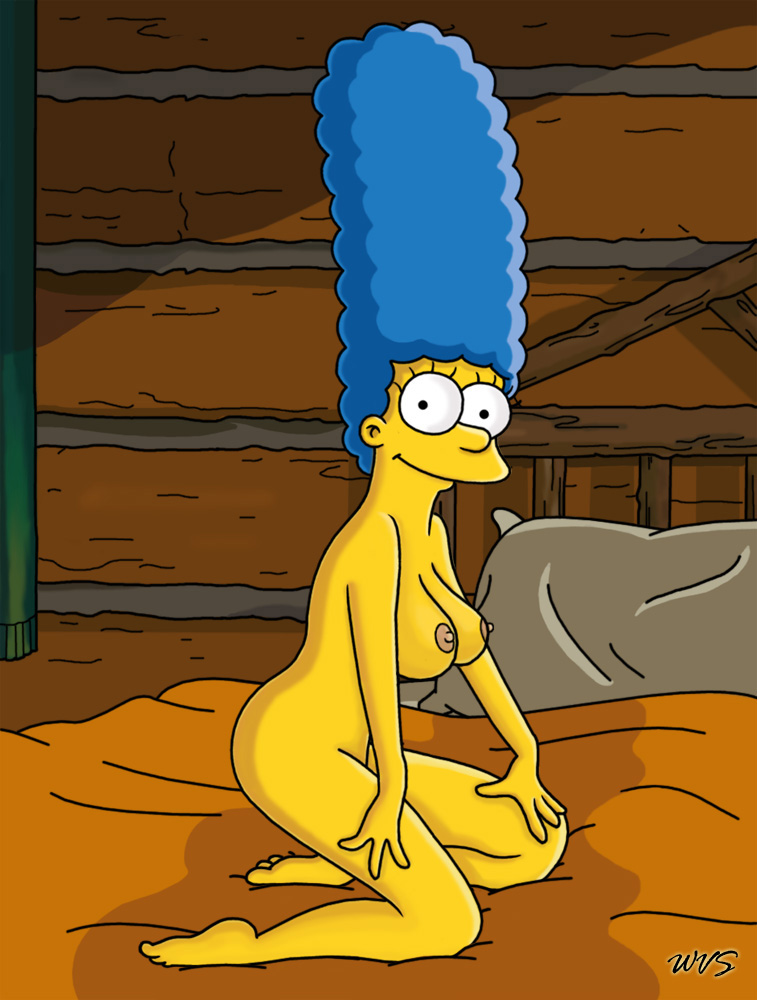 barefoot bed blue_hair breasts color female female_only hair human indoors kneeling marge_simpson nipples nude side_view solo tagme the_simpsons wvs yellow_skin