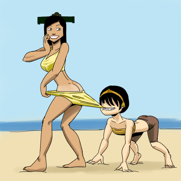 2girls ass_cleavage avatar_legends avatar_the_last_airbender butt_crack carelessdoodler clothing coppertone female female_only flat_chest human joo_dee medium_breasts multiple_females multiple_girls nonbender shorts straight_hair swimsuit toph_bei_fong yuri