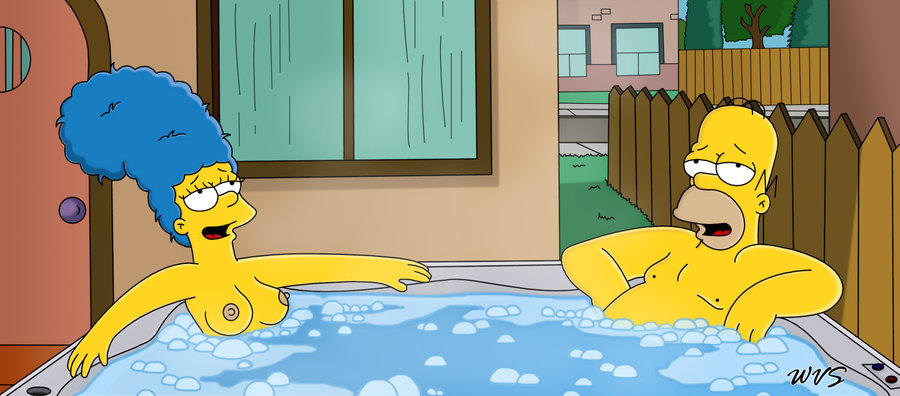 blue_hair breasts color day female hair homer_simpson human male marge_simpson nipples outdoors sitting tagme the_simpsons water wvs yellow_skin