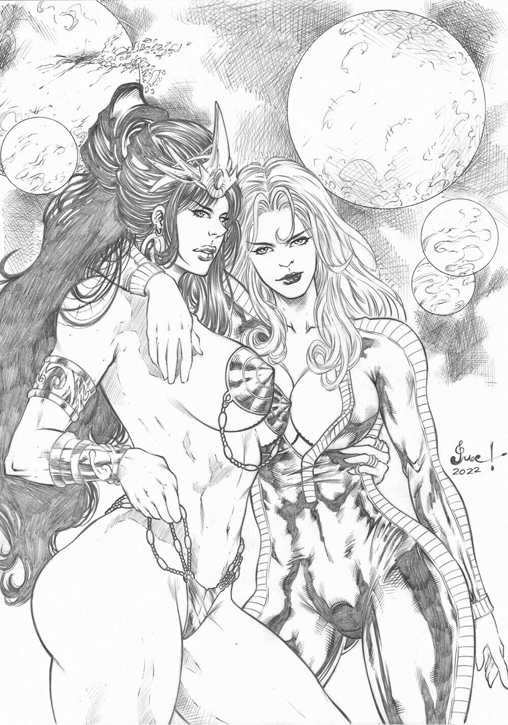 2girls a_princess_of_mars arm_around_shoulders barbarella black_and_white black_hair cleavage crossover dejah_thoris fit_female headwear huge_breasts john_carter_of_mars jucilano long_hair pasties royalty voluptuous