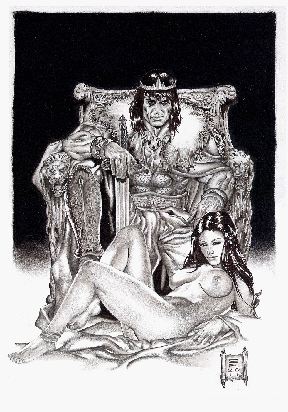 2011 big_muscles breasts conan conan_the_barbarian_(series) female gene_espy human lying male monochrome nude realistic sitting tagme zenobia