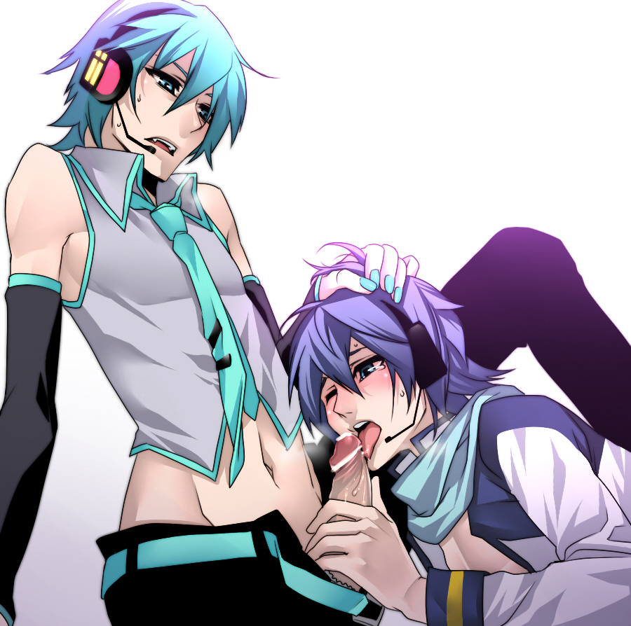 2boys blue_hair blush censored clothed gay genderswap_(ftm) grabbing_hair headphones headwear kaito_(vocaloid) male_only male_with_painted_nails mikuo_hatsune nail_polish rule_63 sweat tagme vocaloid yaoi