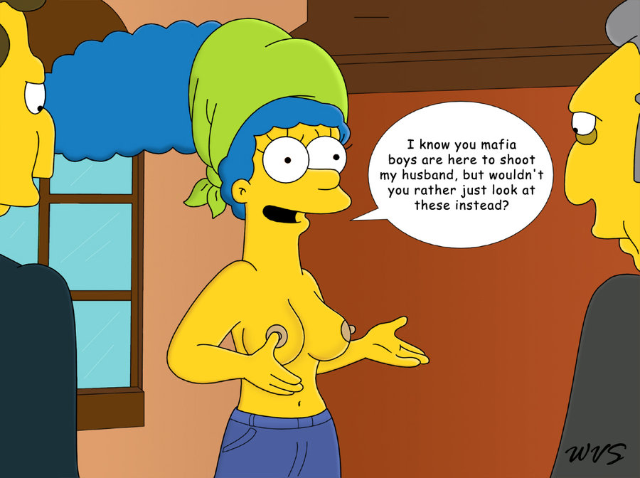 blue_hair breasts color day english_text fat_tony female hair human male marge_simpson multiple_males nipples outdoors standing tagme text the_simpsons topless wvs yellow_skin