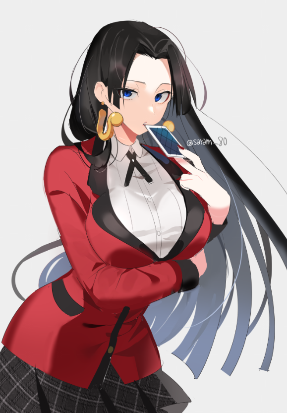 1girls black_hair black_skirt blue_eyes boa_hancock breasts cosplay earrings female female_only holding_card jabami_yumeko jabami_yumeko_(cosplay) jacket joman kakegurui large_breasts long_hair looking_at_viewer miniskirt one_piece painted_fingernails playing_card red_jacket saram_80 shirt skirt snake_earrings white_shirt