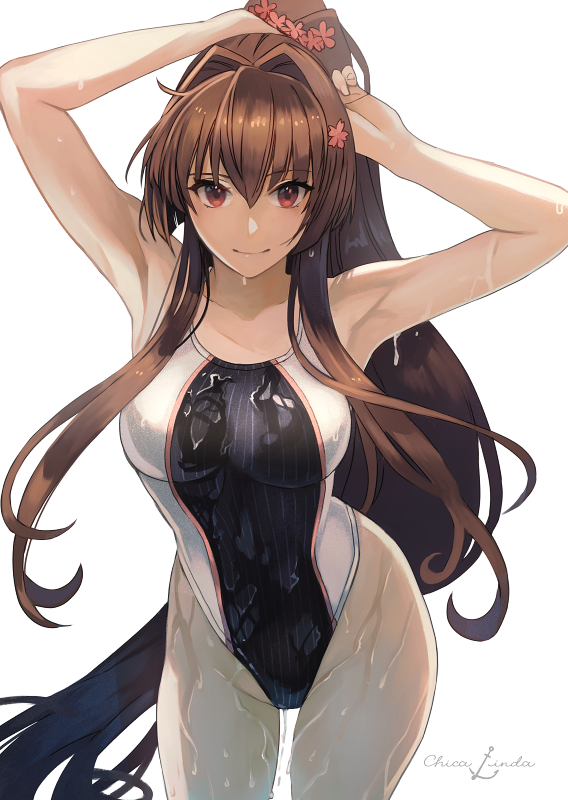 1girls adjusting_hair black_one-piece_swimsuit black_swimsuit breasts brown_hair competition_swimsuit hair_flower hand_in_own_hair kantai_collection kasumi_(skchkko) large_breasts looking_at_viewer one-piece_swimsuit ponytail red_eyes swimsuit two-tone_swimsuit wet white_one-piece_swimsuit white_swimsuit yamato_(kantai_collection)