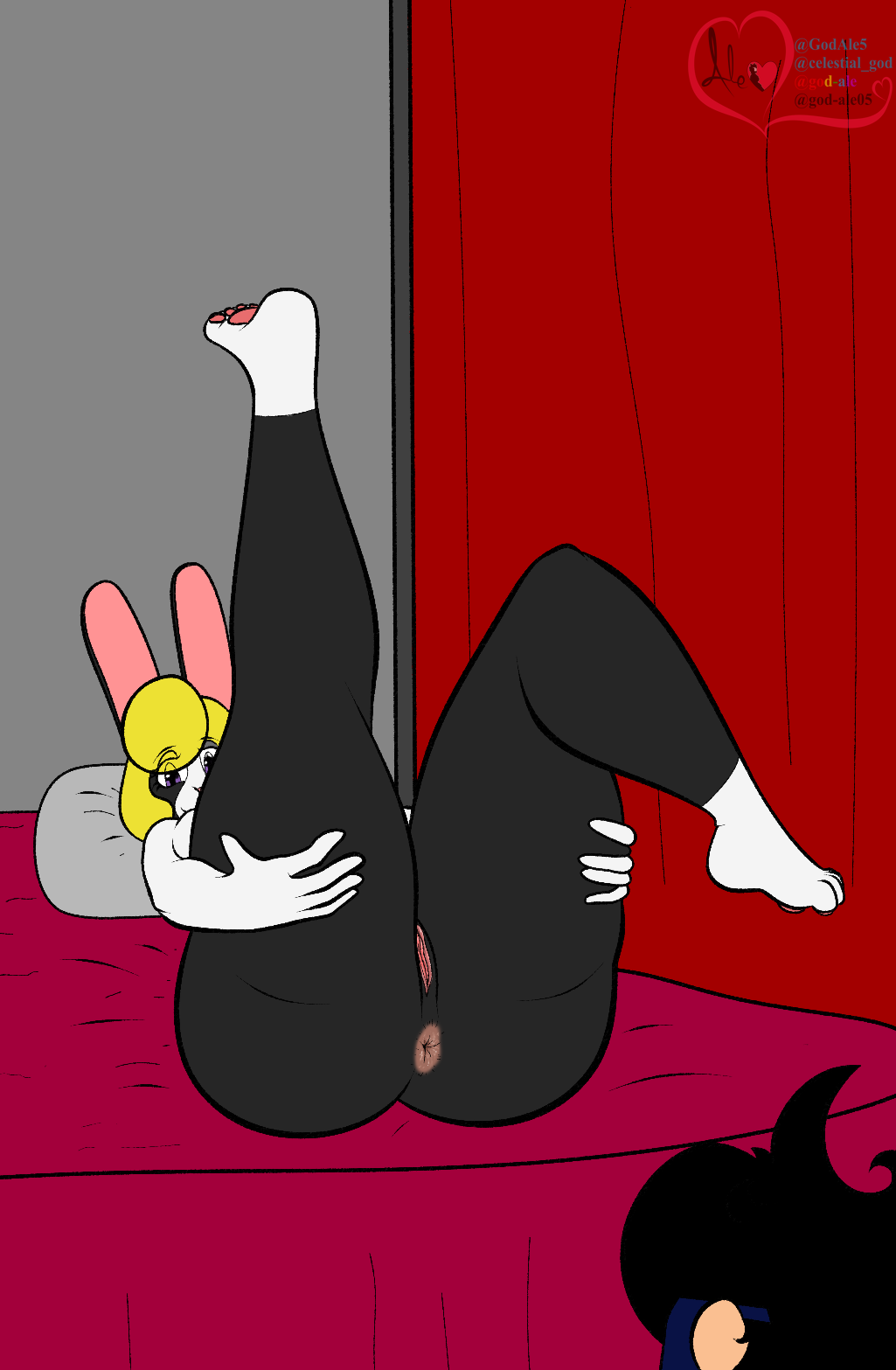 5_fingers ale_(god-ale_oc) anthro anus ass bed big_butt black_hair blonde_hair butt_shot dark_glasses digital_drawing_(artwork) digital_media_(artwork) domestic_rabbit duo dutch_rabbit feet female fingers flat_colors furniture genitals god-ale hair hi_res human lagomorph larger_female leg_grab leporid looking_at_butt lying lying_on_bed male male_human/female_anthro mammal nude nude_female on_bed oryctolagus pawpads pink_pawpads presenting presenting_anus presenting_hindquarters purple_eyes pussy rabbit simple_background size_difference smaller_male thick_thighs thigh_grab