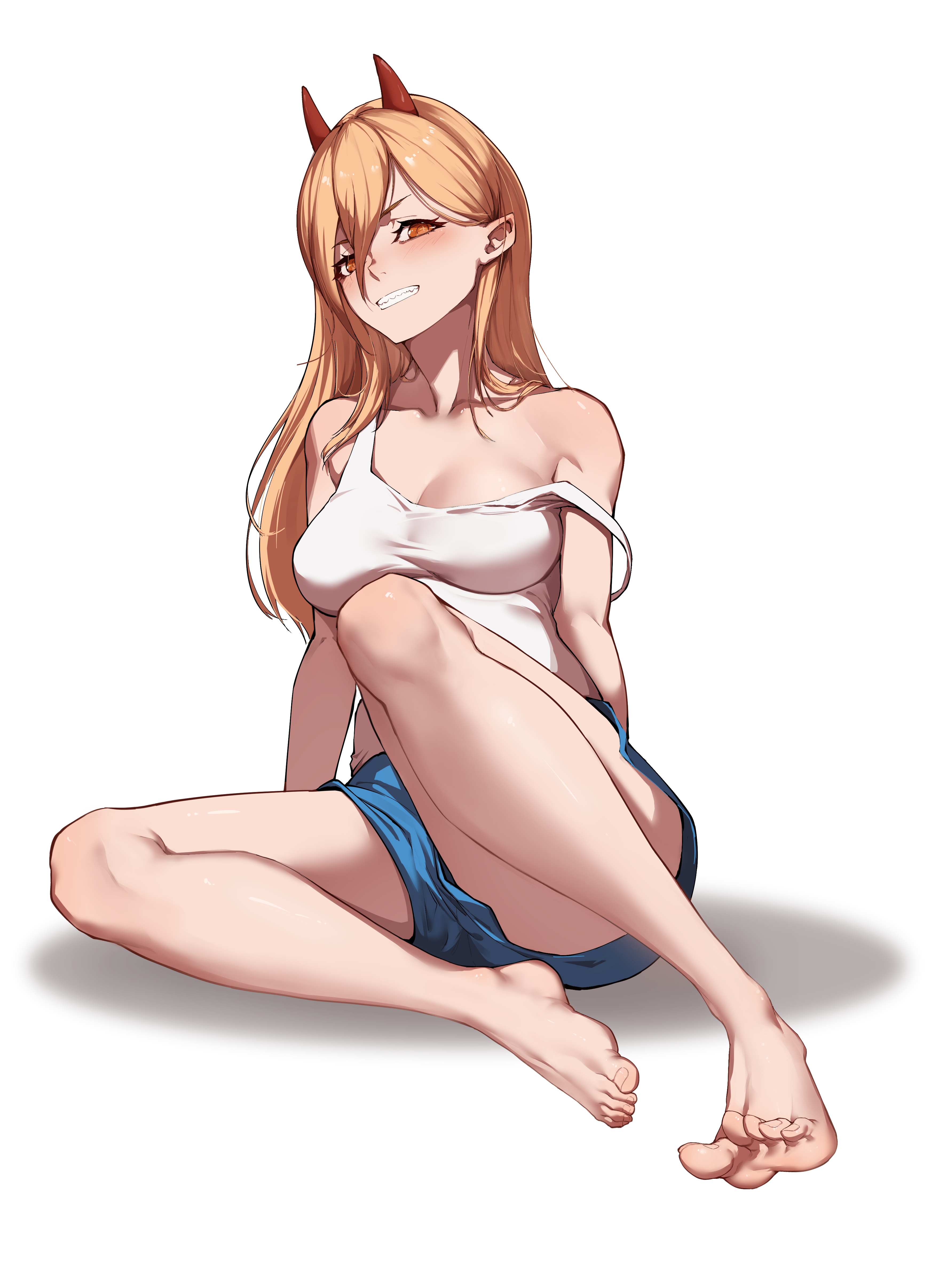 1girls, 2022, barefoot, chainsaw man, cleavage, female, full body, fully clothed, horns, long hair, looking at viewer, morinosuke, pajamas, power (chainsaw man), shorts, sitting, slender, smiling, smiling at viewer, solo, solo female, solo focus, strap slip, tank top, thighs, toes