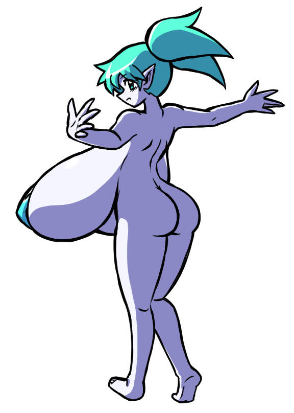 ass barefoot big_breasts blue_hair cosmia_(paulgq) cyan_hair front_heavy_breasts full_body jaggy_lines kneepits light_blue_hair nude pasties paulgq rear_view shoulder_blades small_but_busty top_heavy turquoise_hair walking