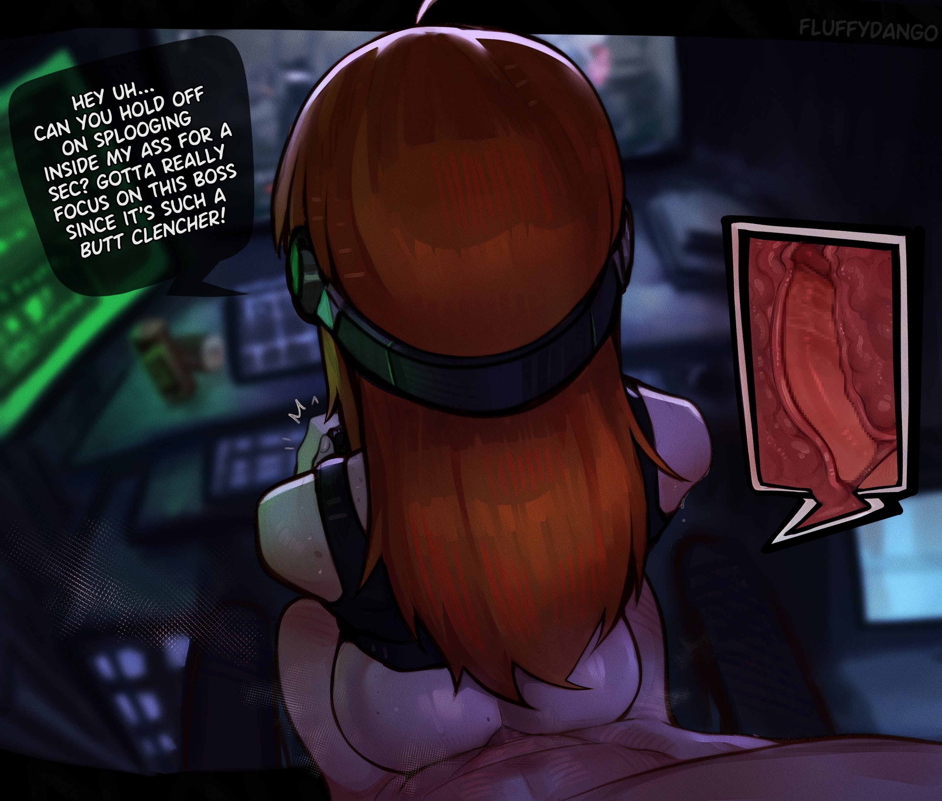 1boy, 1girls, anal, anal penetration, anal sex, ass, atlus, bubble ass, bubble butt, casual sex, computer, desktop, dialogue, electronics, english text, female, fluffydango, human, large ass, light skin, long hair, male, multitasking, orange hair, pale skin, penis, persona, persona 5, pov, sakura futaba, sex, thick thighs, x-ray