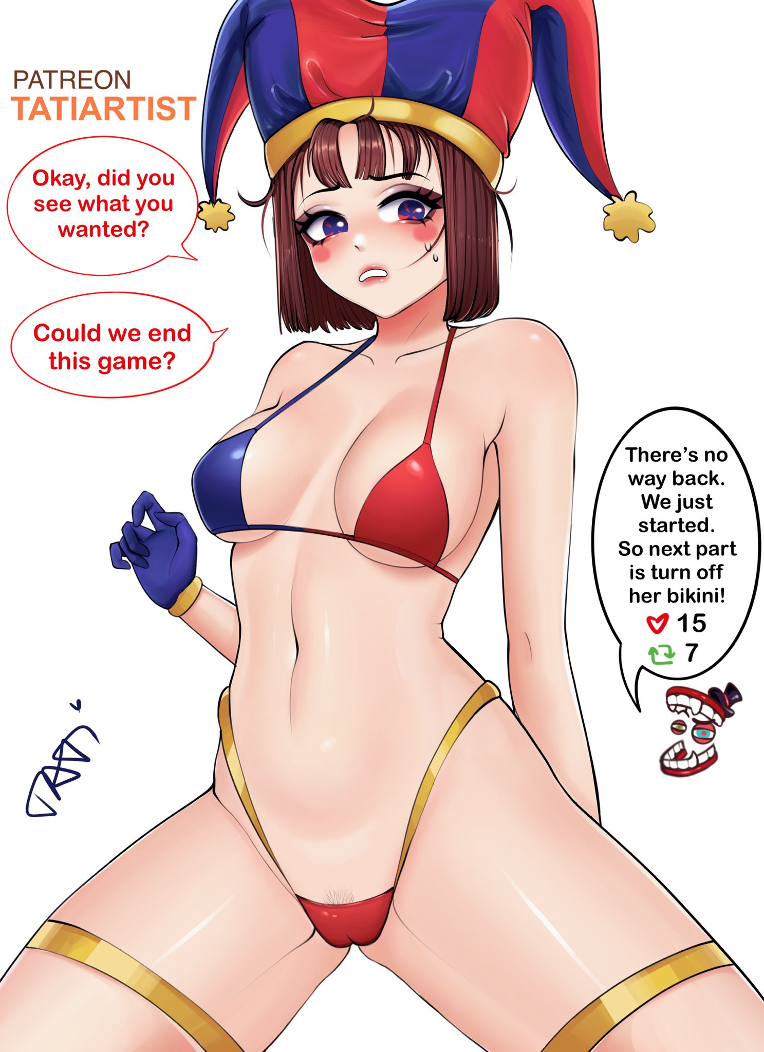 1girls, 2023, 2d, 2d (artwork), 2d artwork, big thighs, bikini, breasts, brown hair, caine (the amazing digital circus), dialogue, dialogue box, female, glitch productions, gloves, gooseworx, jester, jester costume, jester hat, jester outfit, light skin, light-skinned female, looking at viewer, patreon, pomni, pomni (the amazing digital circus), short hair, small breasts, spread legs, sweatdrop, tati (tatiartist/tati neko9), tati artist, the amazing digital circus, thick thighs, thighs, twitter, twitter strip game