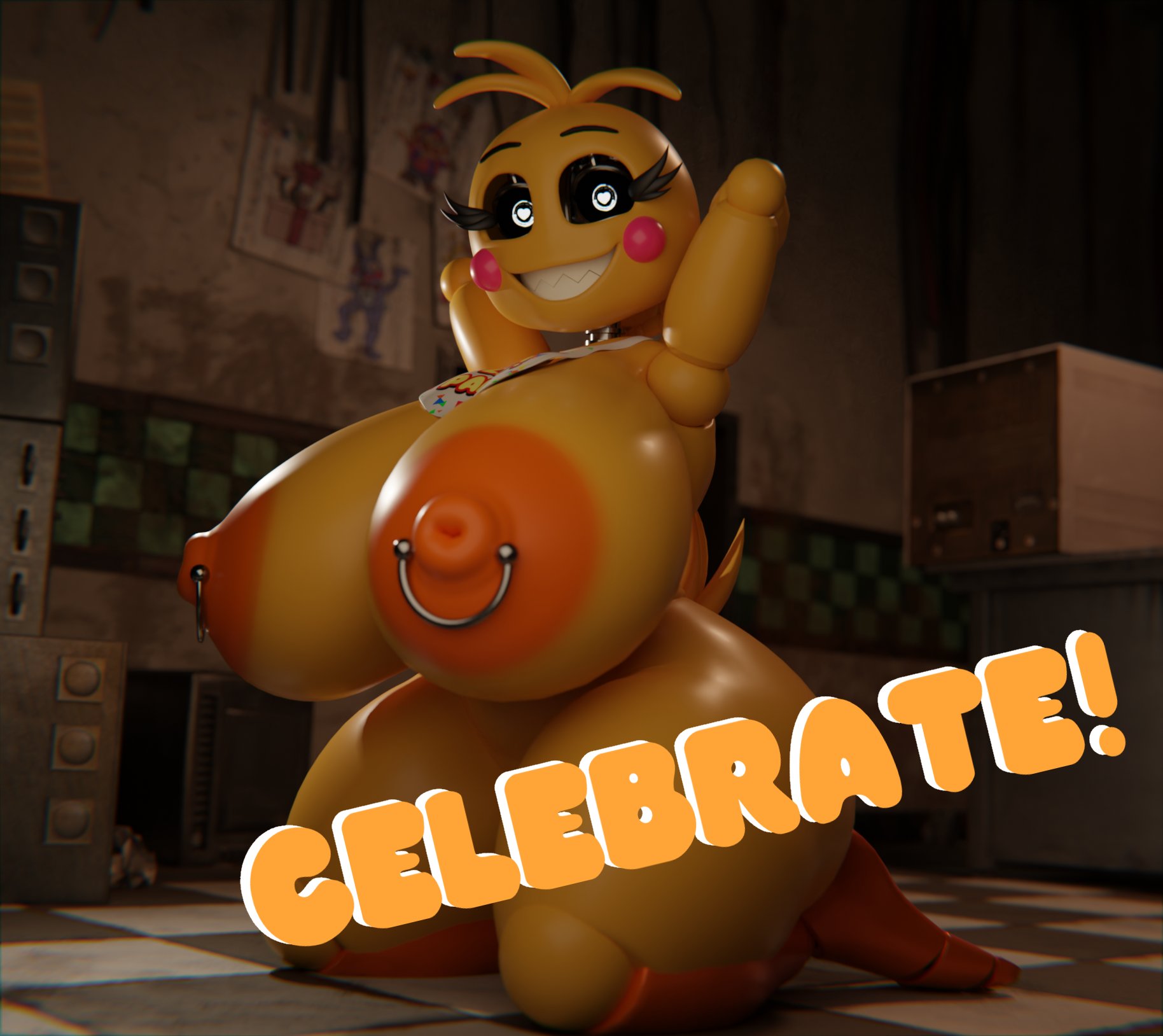 3d, 3d (artwork), ass, bib, big ass, big breasts, breasts, female, female only, feversfm, five nights at freddy's, huge ass, huge breasts, nipple piercing, nipples, nude, piercing, robot, robot girl, solo, toy chica (fnaf), toy chica (love taste)
