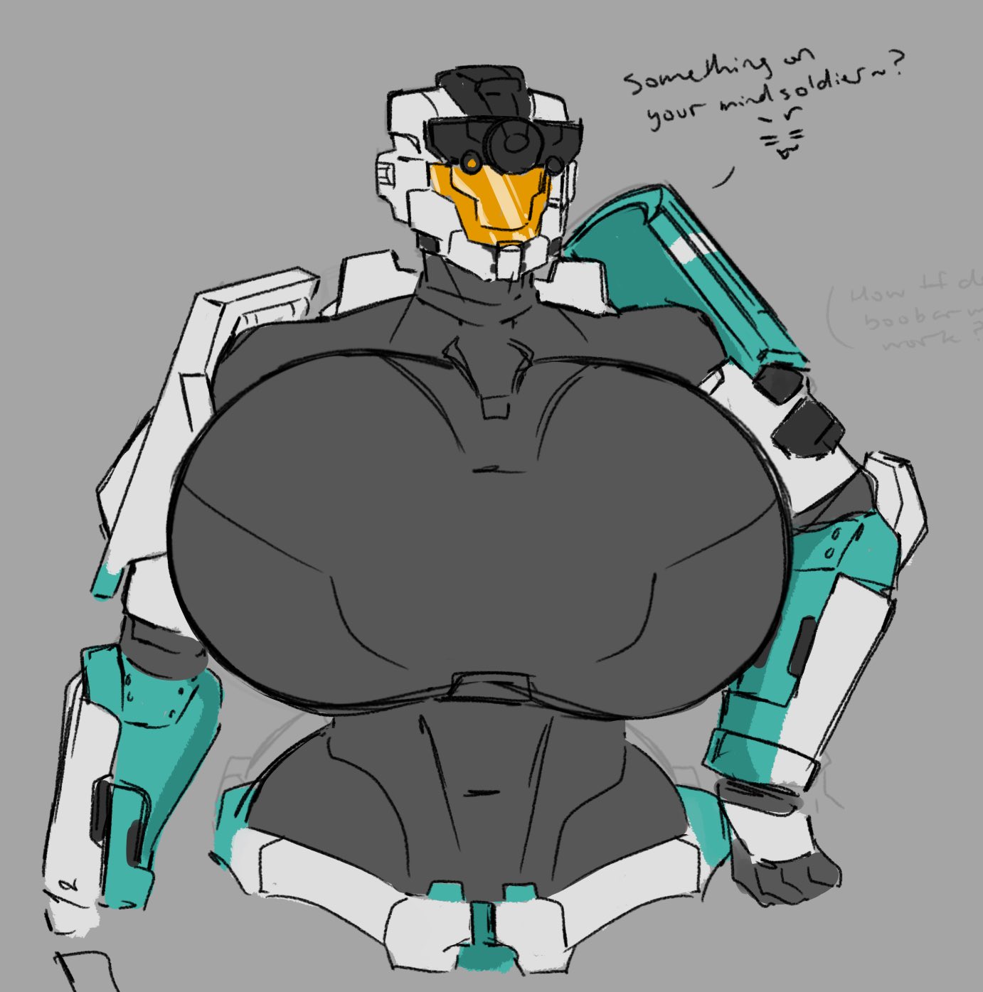 1girls, armor, big breasts, breasts, clothing, dialogue, female, female spartan (halo), halo (series), helmet, huge breasts, human, hyper breasts, massive breasts, power armor, shewiff, solo, solo female, solo focus, spartan (halo), talking, talking to another, tall female, text, top heavy
