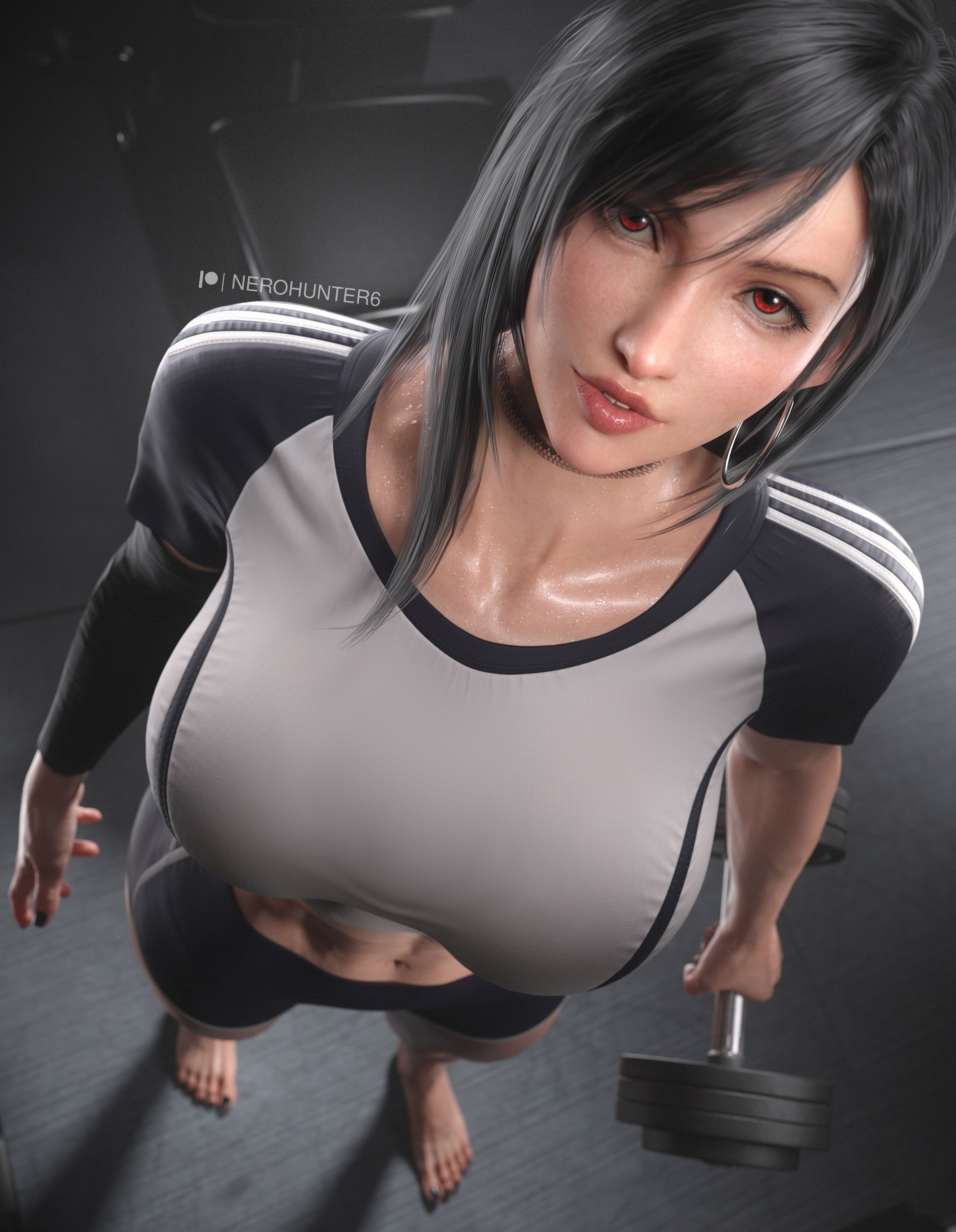 1girls, 3d, abs, absurdres, ass, big ass, big breasts, black hair, black nail polish, black nails, breasts, earrings, eye fetish, female, female only, final fantasy, final fantasy vii, final fantasy vii remake, fit, fit female, gym, hard nipples, highres, huge breasts, long hair, nail polish, nerohunter6, realistic, red eyes, solo, square enix, thick thighs, tifa lockhart, toned, toned female, voluptuous, voluptuous female