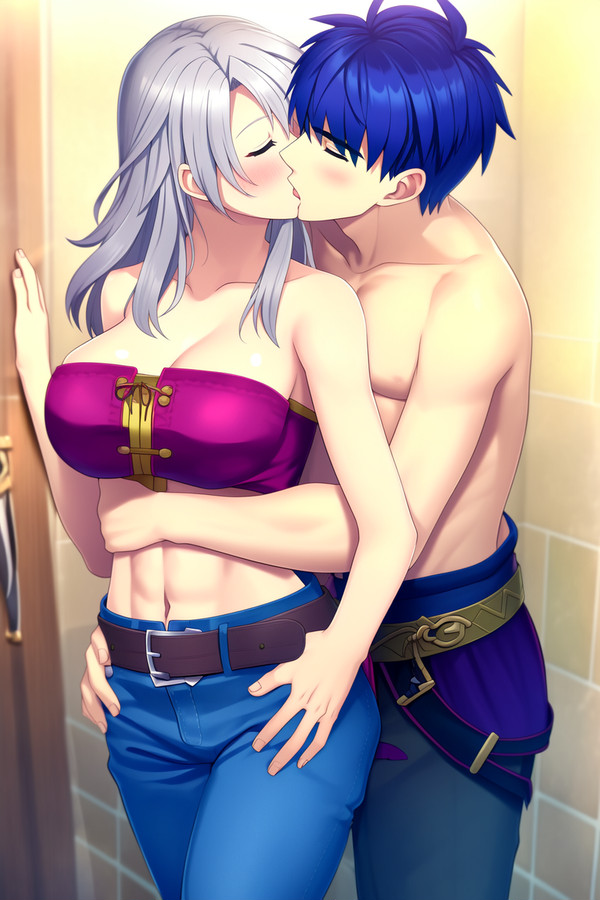 1boy1girl abs ai_generated big_breasts blue_hair breasts closed_eyes couple fire_emblem fire_emblem:_path_of_radiance fire_emblem:_radiant_dawn ike_(fire_emblem) kissing micaiah_(fire_emblem) muscular_male nintendo partially_clothed silver_hair straight tongue waist waist_grab white_hair