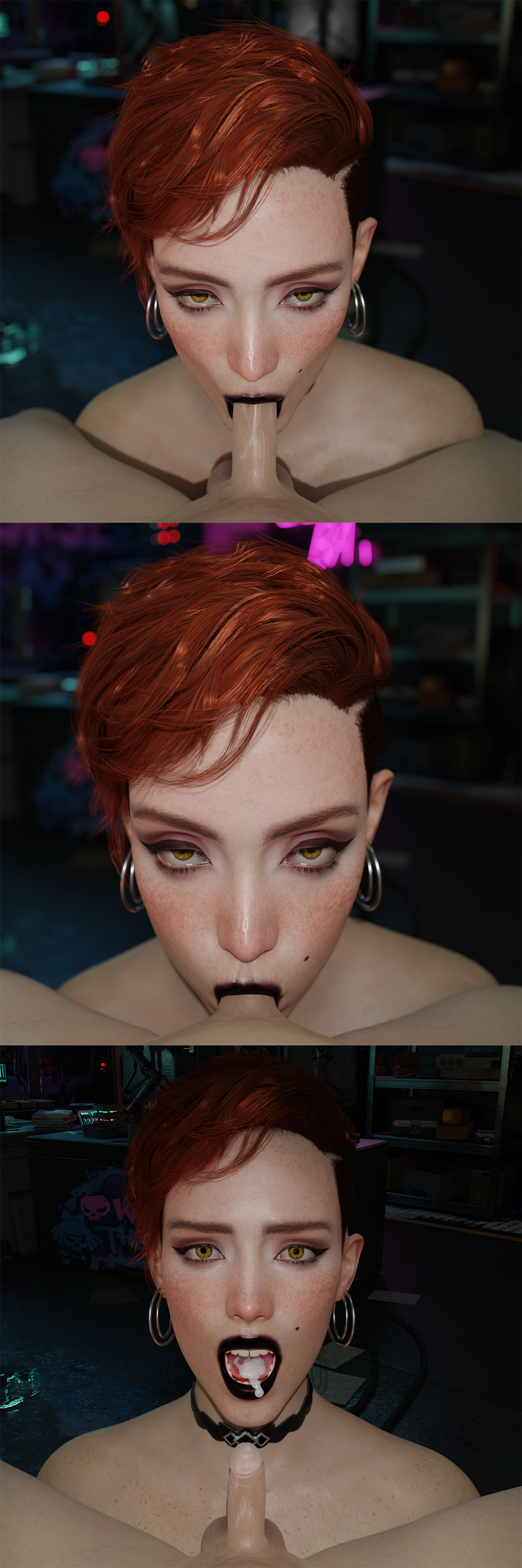 3d amfortas aurore_cassel black_lipstick blowjob blowjob_face choker cum cum_in_mouth cumshot cyberpunk_2077 cyberpunk_2077:_phantom_liberty female naked partial_male red_hair small_penis small_penis_adoration small_penis_fellatio