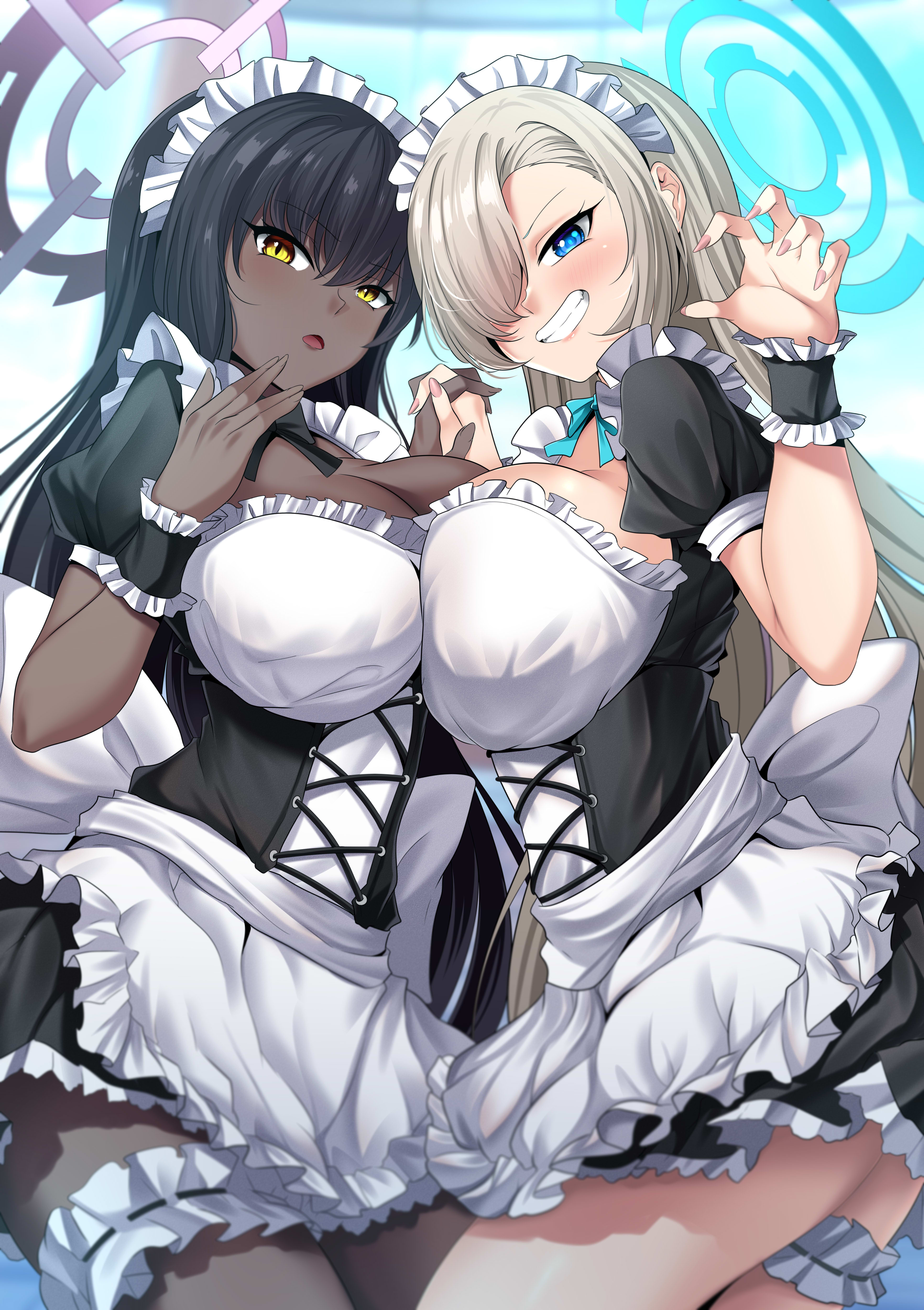 2girls, absurdres, apron, asuna (blue archive), asymmetrical docking, bellfud, black dress, black hair, blue archive, blue eyes, blue halo, blush, breast press, breasts, claw pose, cleaning & clearing (blue archive), cleavage, dark skin, dark-skinned female, dress, female, hair ornament, halo, highres, holding hands, karin (blue archive), large breasts, light brown hair, long hair, looking at viewer, maid, maid apron, maid headdress, millennium science school student, multiple females, multiple girls, nail polish, open mouth, pink nails, purple halo, smile, very dark skin, white background, yellow eyes