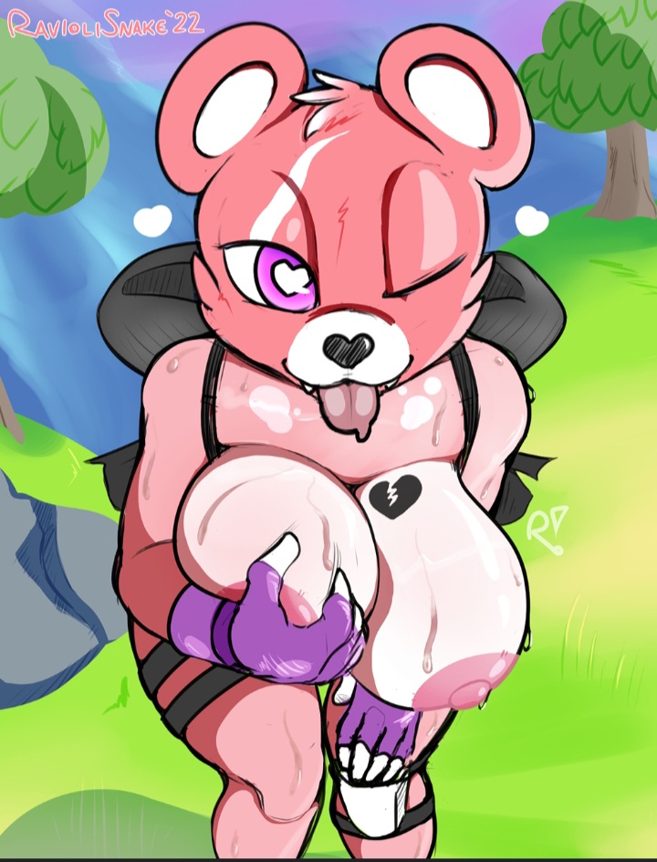 clothed cuddle_team_leader ear female_only fortnite furry grabbing_own_breast heart_eyes horny_female pink_body pink_clothing pink_eyes pink_nipples raviolisnake