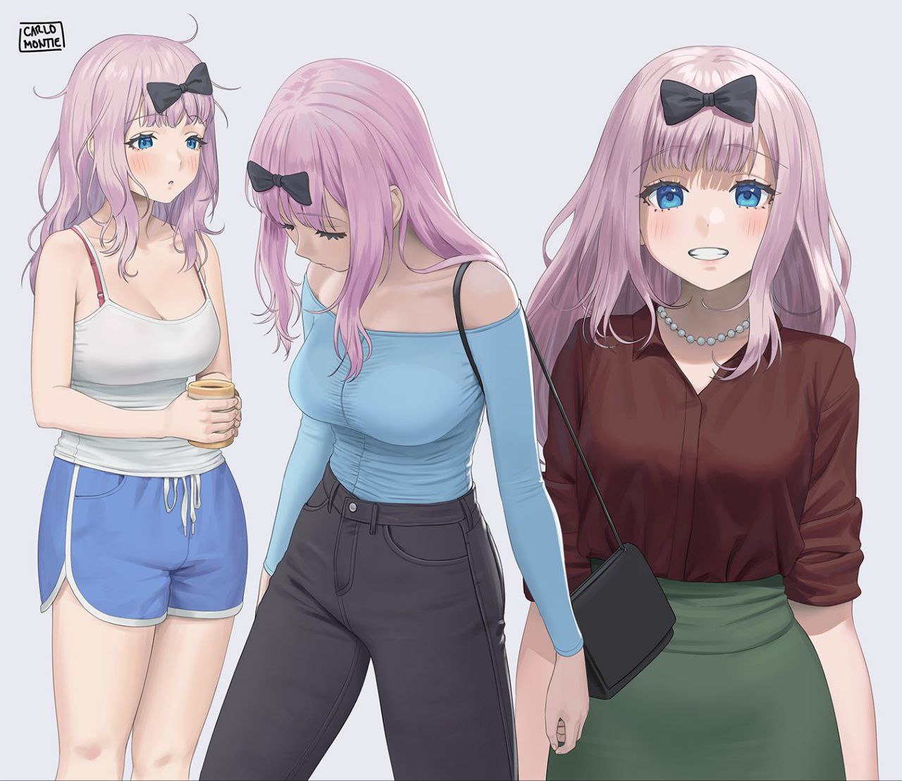 /// 1girls big_breasts blush bowtie breasts carlo_montie casual_clothes cute different_poses female female_only fujiwara_chika kaguya-sama_wa_kokurasetai_~tensai-tachi_no_renai_zunousen~ light-skinned_female messy_hair not_porn pink_hair safe safe_for_work sfw shorts sleepy smile solo