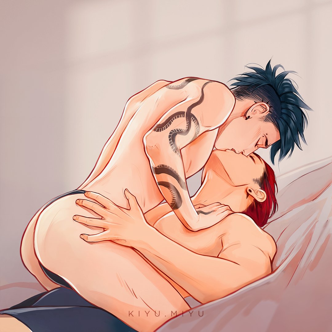 2boys artist_name blush closed_eyes ear_piercing french_kiss french_kissing gay hand_on_chest hand_on_hip kissing kiyumiyu male/male male_only on_bed on_top original original_character original_characters snake_tattoo tattoo thong tongue_kiss undercut underwear underwear_only yaoi