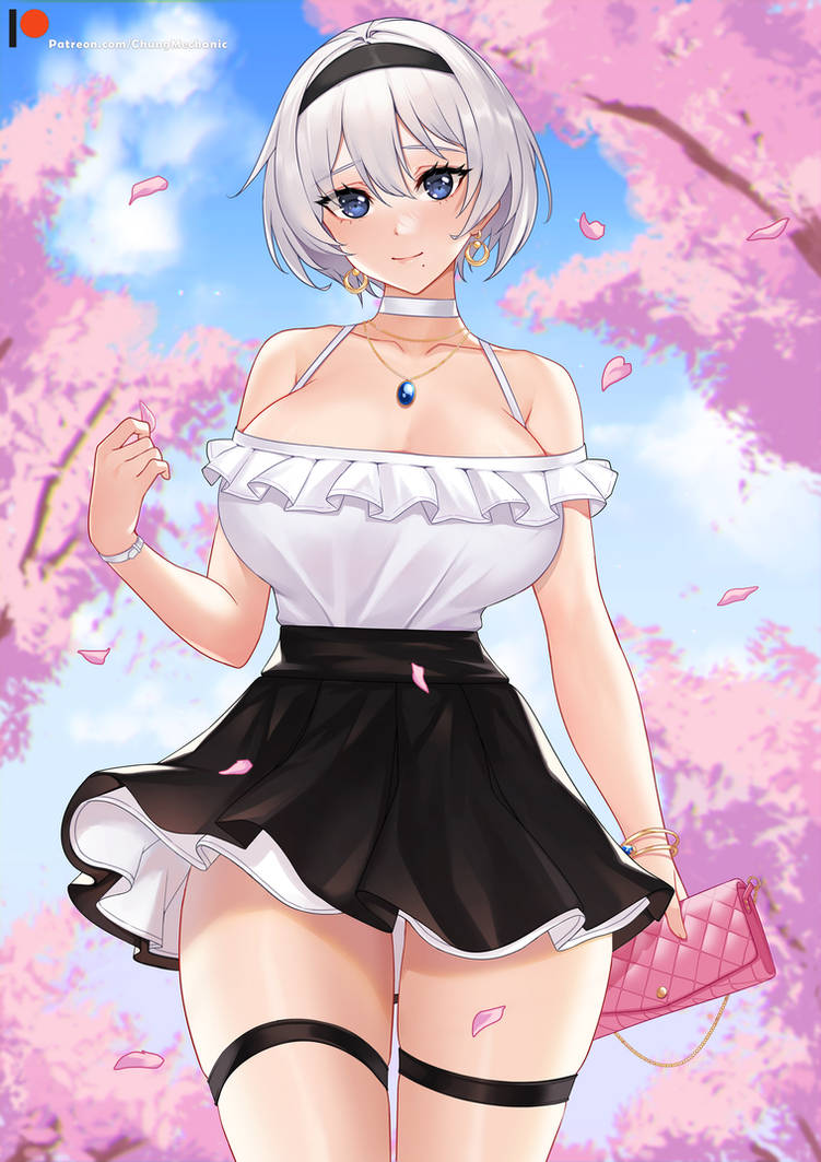 1girls black_skirt blue_eyes bracelets breasts casual casual_clothes cherry_blossoms choker chungmechanic clouds earrings falling_petals hairband handbag high-waist_skirt large_breasts looking_at_viewer miniskirt mole mole_under_mouth necklace nier:_automata off_shoulder outside shirt shirt_tucked_in short_hair skirt sky thigh_strap thigh_straps trees white_hair white_shirt wristwatch yorha_2b