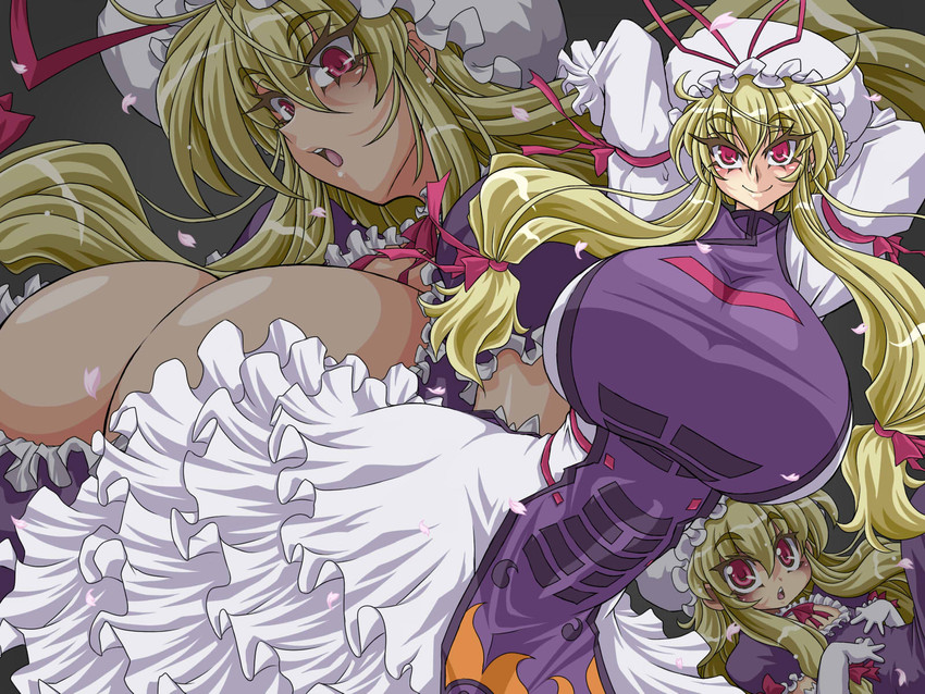 1girls alternate_costume big_breasts blonde_hair breasts cleavage dress great_magami grey_background hands_behind_back huge_breasts light-skinned_female long_hair mature_female old_art purple_dress red_eyes smile solo solo_female touhou white_dress yukari_yakumo