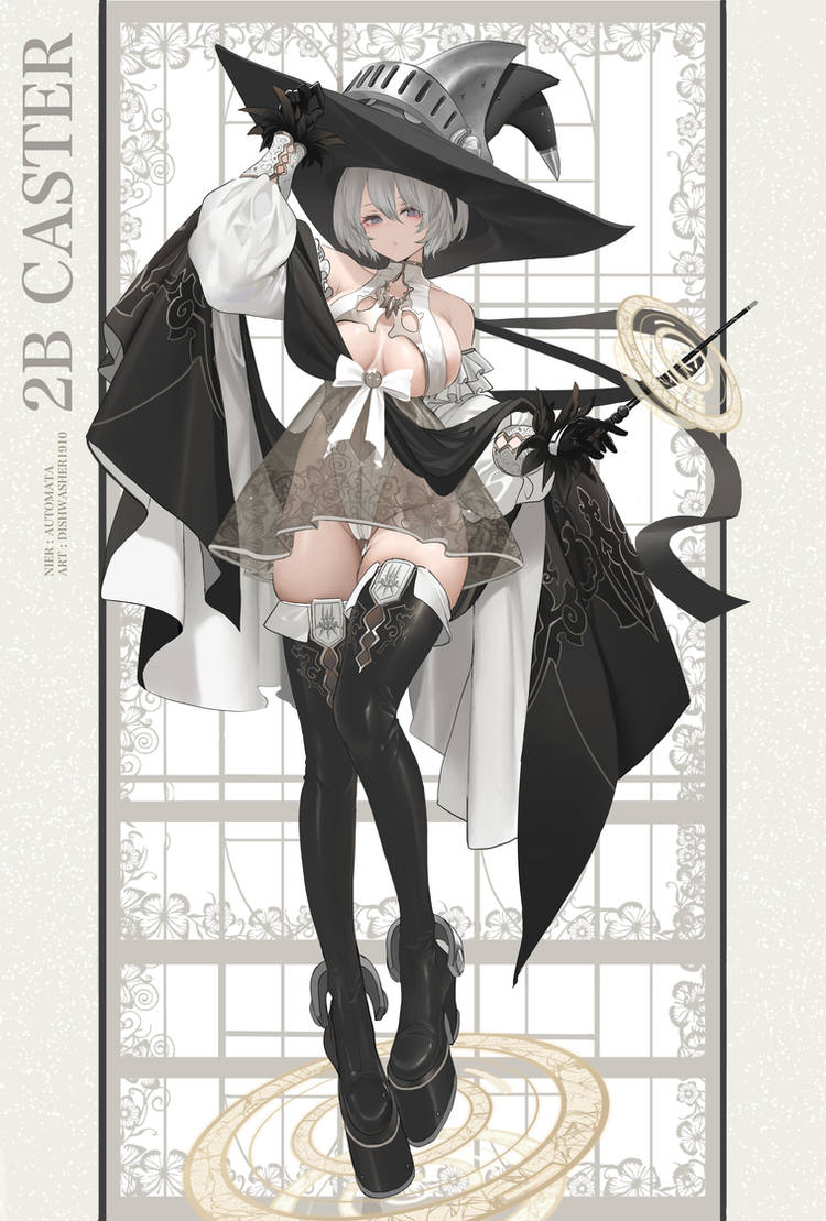 1girls breasts dishwasher1910 dress gloves hat holding_wand large_breasts leotard looking_at_viewer nier:_automata see-through see-through_dress short_hair thigh_boots thighhighs wand white_eyes white_hair white_leotard witch_costume witch_hat yorha_2b